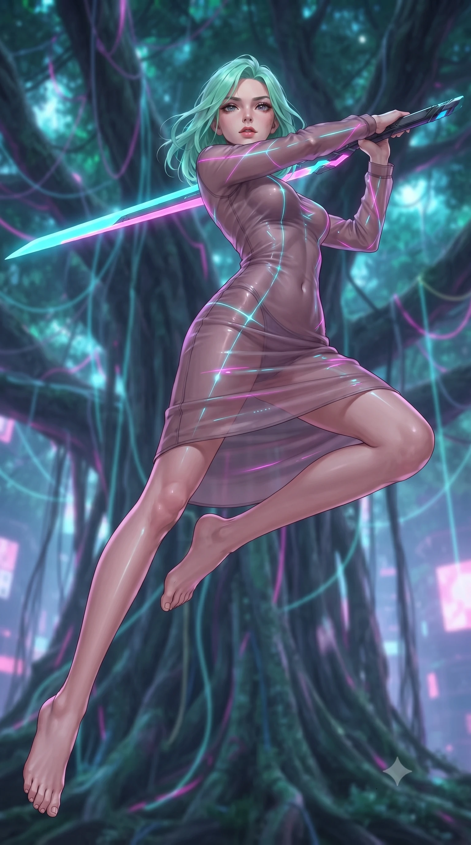 score_9, masterpiece, best quality, ultra-detailed, high-budget anime keyframe, editorial fashion photography, tasteful artistic composition, Japanese woman. low angle full-body shot from head to toe showing her feet, filling the entire 9:16 vertical frame with her statuesque presence, stretching her vertical silhouette. leaping forward while slashing with a twin-bladed plasma sword in mid-air, her body-contouring suit showing her athletic silhouette, the background shows a soft-focus a neon-lit artificial tree grove with colossal banyan trees woven with wires. She has an absolutely perfect, statuesque 8.5-heads proportion, an exceptionally tall and slender model-like female figure with impossibly long slender legs and an ultra-slim waist. sharp v-shaped jawline, high-bridge nose, intricate jewel-like eyes with depth, thick eyelashes, glossy lips with a natural sheen. wearing a slim-fit sheer organza dress in dusty mauve, showing her slender torso and willowy silhouette. bright cyan and magenta laser lines projecting neon patterns across her form. ultra-reflective glossy finish, specular highlights, metallic sheen, high-contrast stereoscopic depth, volumetric dynamic lighting, 2k, ultra detail, master piece, 9:16 ratio