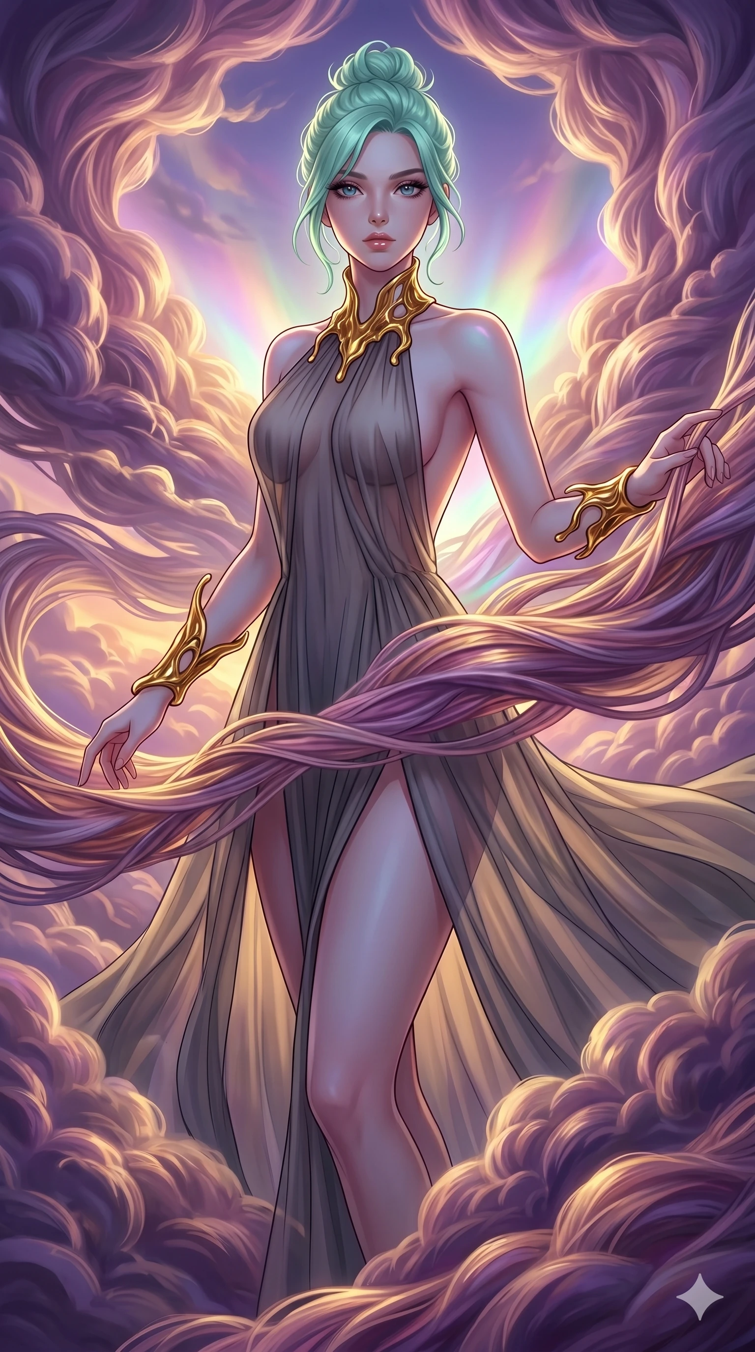 score_9, masterpiece, best quality, ultra-detailed, high-budget anime keyframe, Japanese woman. upper body close-up from the thighs up, character filling the screen for maximum presence. threading through a volumetric cloud weave where storm clouds are spun like silk thread under a dramatic sunset glow. She has an absolutely perfect 8-heads proportion, an exceptionally tall and slender female figure with impossibly long slender legs and an ultra-slim waist. V-shaped jawline, high-bridge nose, intricate jewel-like eyes with depth, thick eyelashes, glossy lips with a natural sheen.. wearing a molten gold and chiffon gown, featuring organic liquid gold collar and cuffs on a translucent charcoal-gray halter neck chiffon gown with a deep backless design. enhanced by a luminous pastel spectrum glow, casting elegant rim lights on her shoulders and jawline. 2k, ultra detail, master piece, 9:16 ratio