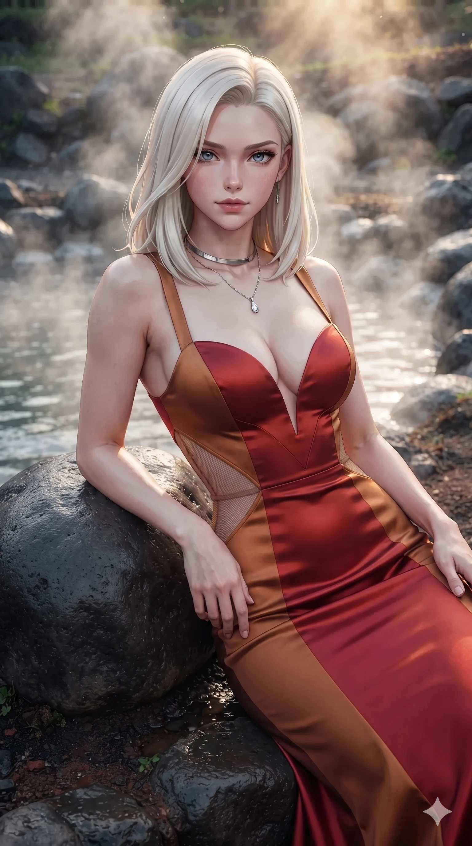 score_9, masterpiece, best quality, ultra-detailed, high-budget anime keyframe, editorial fashion photography, tasteful artistic composition, Caucasian woman. close-up cowboy shot from the waist and thighs up, the character dominates the composition, filling the frame with her large presence. resting one elbow on the table and supporting her chin, leaning close to the camera with heavy-lidded sparkling eyes and parted lips while leaning against a smooth volcanic rock boulder with hips cocked back, looking through floating steam eddies with heavy-lidded seductive eyes. The surrounding environment is rendered in vivid detail and crisp panoramic clarity: intricate sheer vintage mesh dress tailoring, delicate chain belt accents, and high-altitude hot spring architecture in razor-sharp precision. She has an exceptionally elegant, slender, and willowy female figure with an ultra-slim waist, flat toned midriff, narrow ribcage, and sculpted feminine hips creating an alluring, slim hourglass silhouette without bulk. sharp v-shaped jawline, high-bridge nose, intricate jewel-like sparkling eyes with depth, thick eyelashes, glossy parted lips with a natural sheen, intensely captivating and seductive bedroom-eyes expression, exuding both youthful cute charm and sovereign luxury allure, flawlessly proportioned anatomical accuracy, strict slender model proportions, natural body alignment, perfectly sculpted long slender limbs, ultra-slim waistline, clean dynamic posture without body distortion. wearing an alluring plunging sweetheart bodice dress with sheer mesh side-waist cutouts contouring her ribs in imperial vermilion silk and warm bronze, made of sheer contouring power-mesh with velvet flocking patterns, finished with a minimalist chrome choker and a single teardrop diamond pendant, the precision-cut side openings and low-back scoop framing her graceful spine and the sensual sweep of her slim, toned hips. illuminated by wet stone reflection bounce and sharp silver-amber rim lights sculpting her razor-sharp jawline, narrow waist, and curvy hips. ultra-reflective glossy finish, specular highlights, rich textural contrasts, high-contrast stereoscopic depth, volumetric dynamic lighting, 2k, ultra detail, master piece, 9:16 ratio