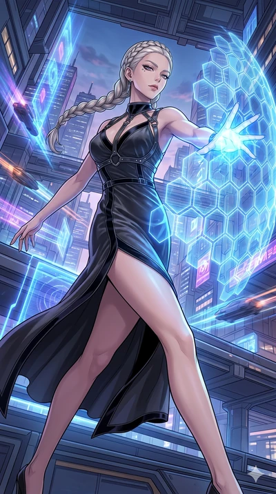 score_9, masterpiece, best quality, ultra-detailed, Set C: High-budget Anime Keyframe, Korean woman. Low angle cowboy shot filling the entire 9:16 frame with her statuesque presence. Summoning a shield made of hexagonal energy tiles. She has an absol