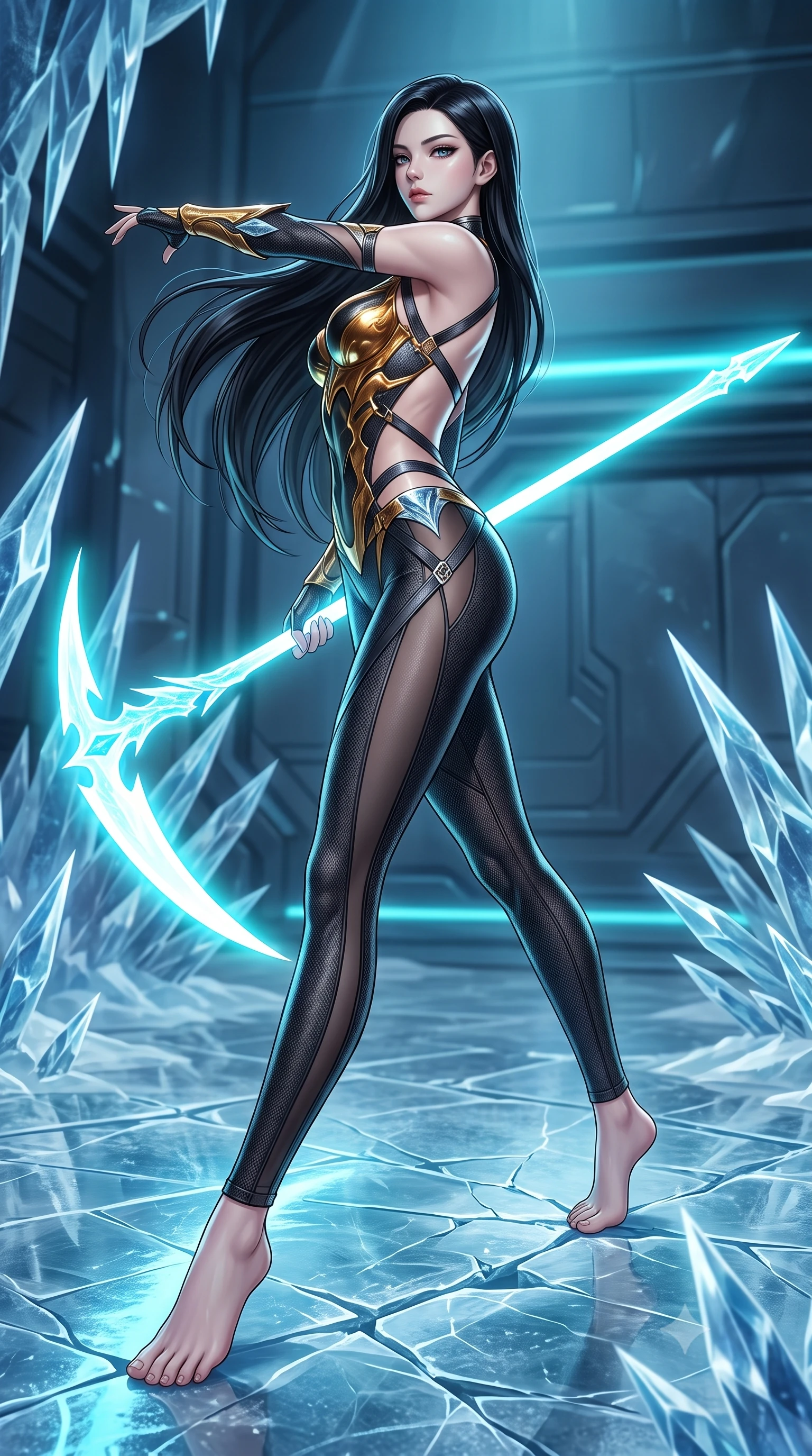 score_9, masterpiece, best quality, ultra-detailed, high-budget anime keyframe, semi-realistic 3D game render, editorial fashion photography, tasteful artistic composition, Korean woman. low angle full-body shot from head to toe showing her feet, filling the entire 9:16 vertical frame with her statuesque presence, stretching her vertical silhouette. arching her spine in a fluid zero-gravity combat turn with sovereign grace, her long slender legs and sculpted torso creating a sweeping line of power while stepping across ice-slicked laboratory tiles with spear balanced horizontally, radiating sovereign arctic composure. The surrounding environment is rendered in vivid detail and crisp panoramic clarity. intricate crystalline spearhead facets, razor-sharp frost patterns on armor, and cracked ice on floor in deep focus. She has an absolutely perfect, statuesque 8.5-heads proportion, an exceptionally tall and slender model-like female figure with impossibly long slender legs, a toned flat midriff, and an ultra-slim waist. sharp v-shaped jawline, high-bridge nose, intricate jewel-like eyes with depth, thick eyelashes, glossy lips with a natural sheen, flawlessly proportioned anatomical accuracy, strict slender model proportions, natural body alignment, perfectly sculpted long slender limbs, ultra-slim waistline, clean dynamic posture without body distortion. wearing a sculpted molten-gold and dark carbon cuirass paired with high-mobility combat leggings and sheer side drapes, wielding a glowing plasma energy scythe with fluid grace in glacial ice-cyan carbon mesh with pure white armor plates, made of liquid carbon-jersey fabric adhering flawlessly to her sculpted silhouette, complemented by criss-cross back harness straps highlighting her completely bare spine, the form-contouring material adhering flawlessly to her sculpted flat midriff and slender torso, emphasizing her long leg lines and perfectly proportioned willowy build. illuminated by crisp specular ice refractions outlining her ultra-slim waist, long legs, and flat midriff. rich saturated anime colors with glowing neon highlights, detailed shading with soft gradients, rich glossy textures, high-contrast stereoscopic depth, volumetric dynamic lighting, master piece, 9:16 ratio