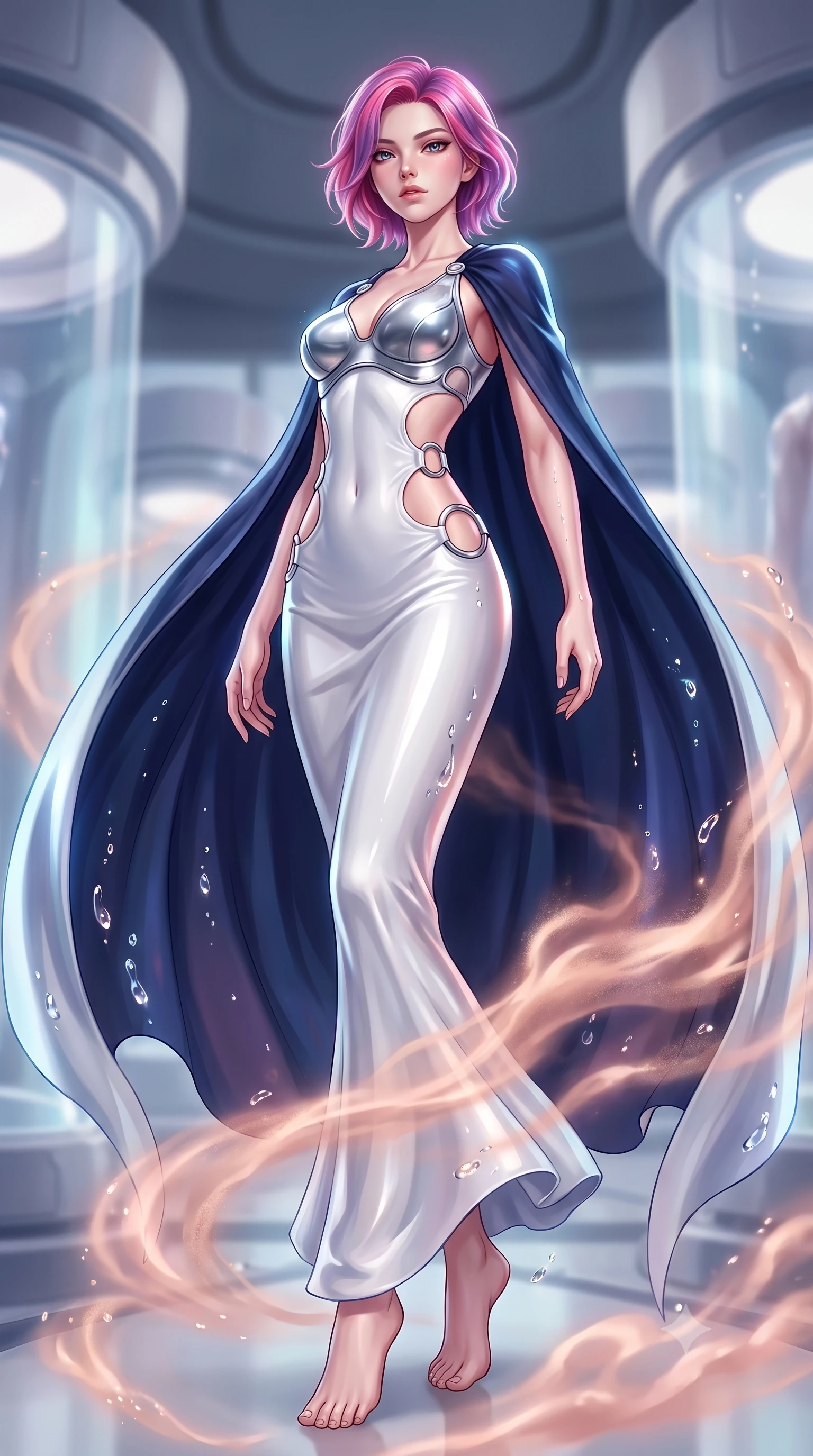 score_9, masterpiece, best quality, ultra-detailed, high-budget anime keyframe, semi-realistic 3D game render, editorial fashion photography, tasteful artistic composition, Caucasian woman. low angle full-body shot from head to toe showing her feet, filling the entire 9:16 vertical frame with her statuesque presence, stretching her vertical silhouette. arching her spine in a fluid zero-gravity turn with sovereign grace, her long slender legs and sculpted torso creating a sweeping line while stretching her slender torso in an alluring S-curve as warm rose-gold nano-mist vapors swirl around her bare legs. The composition keeps background elements in soft focus with creamy bokeh. curved crystal incubator cylinders and medical stasis architecture softened in dreamy shallow depth of field. She has an absolutely perfect, statuesque 8.5-heads proportion, an exceptionally tall and slender model-like female figure with impossibly long slender legs, a toned flat midriff, and an ultra-slim waist. sharp v-shaped jawline, high-bridge nose, intricate jewel-like eyes with depth, thick eyelashes, glossy lips with a natural sheen, flawlessly proportioned anatomical accuracy, strict slender model proportions, natural body alignment, perfectly sculpted long slender limbs, ultra-slim waistline, clean dynamic posture without body distortion. wearing a form-contouring white liquid-mercury gown with polished silver biomechanical breastplate and flowing luminescent chiffon cape in deep midnight navy blue and pure starlight chrome, made of liquid jersey fabric that clings flawlessly to every contour of her build, detailed with polished silver rings connecting the daring side-waist cutouts, the precision-cut daring openings accentuating her delicate midriff, graceful bare collarbones, and ultra-slim feminine waistline. illuminated by sparkling fluid droplet refractions and crisp specular highlights tracing her slender curves. rich saturated anime colors with glowing neon highlights, detailed shading with soft gradients, rich glossy textures, high-contrast stereoscopic depth, volumetric dynamic lighting, master piece, 9:16 ratio