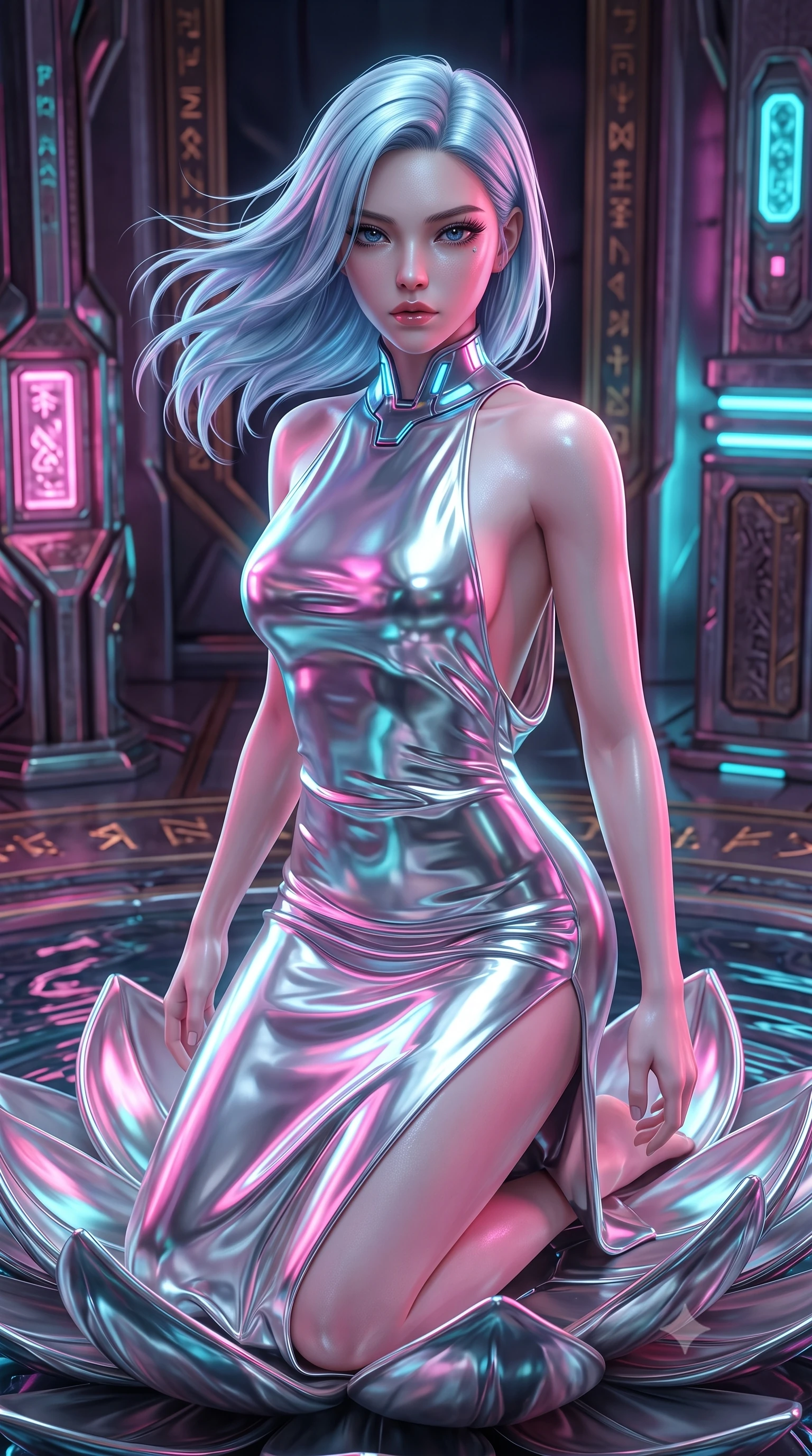 score_9, masterpiece, best quality, ultra-detailed, high-budget anime keyframe, semi-realistic 3D game render, editorial fashion photography, tasteful artistic composition, Korean woman. close-up cowboy shot from the waist and thighs up, the character dominates the composition, filling the frame with her large presence. looking into the camera lens with intense, captivating depth, softly parted glossy lips and thick eyelashes framing her ethereal gaze while kneeling gracefully on a metallic lotus petal as ripples of liquid mercury reflect brilliant neon light across her bare shoulders. The surrounding environment is rendered in vivid detail and crisp panoramic clarity. deep environmental chiaroscuro and sacred technological sanctuary architecture rendered with precision. She has an exceptionally elegant, slender, and willowy female figure with an ultra-slim waist, a gracefully sculpted slender torso, toned flat midriff, and a refined slim silhouette. sharp v-shaped jawline, high-bridge nose, intricate jewel-like eyes with depth, thick eyelashes, glossy lips with a natural sheen, flawlessly proportioned anatomical accuracy, strict slender model proportions, natural body alignment, perfectly sculpted long slender limbs, ultra-slim waistline, clean dynamic posture without body distortion. wearing a precision-fitted liquid jersey bodycon gown in radiant chrome and white, featuring an open cowl back and high side slit in high-gloss obsidian black and burning laser crimson accents, crafted from ultra-reflective second-skin liquid metal with a mirror-like polish, featuring a sleek aerodynamic collar framed by subtle glowing cybernetic accents, the form-contouring material adhering flawlessly to her sculpted flat midriff and slender torso, emphasizing her long leg lines and perfectly proportioned willowy build. surrounded by an opulent, mystical, and sacredly sensual android goddess ambiance. rich saturated anime colors with glowing neon highlights, detailed shading with soft gradients, rich glossy textures, high-contrast stereoscopic depth, volumetric dynamic lighting, master piece, 9:16 ratio