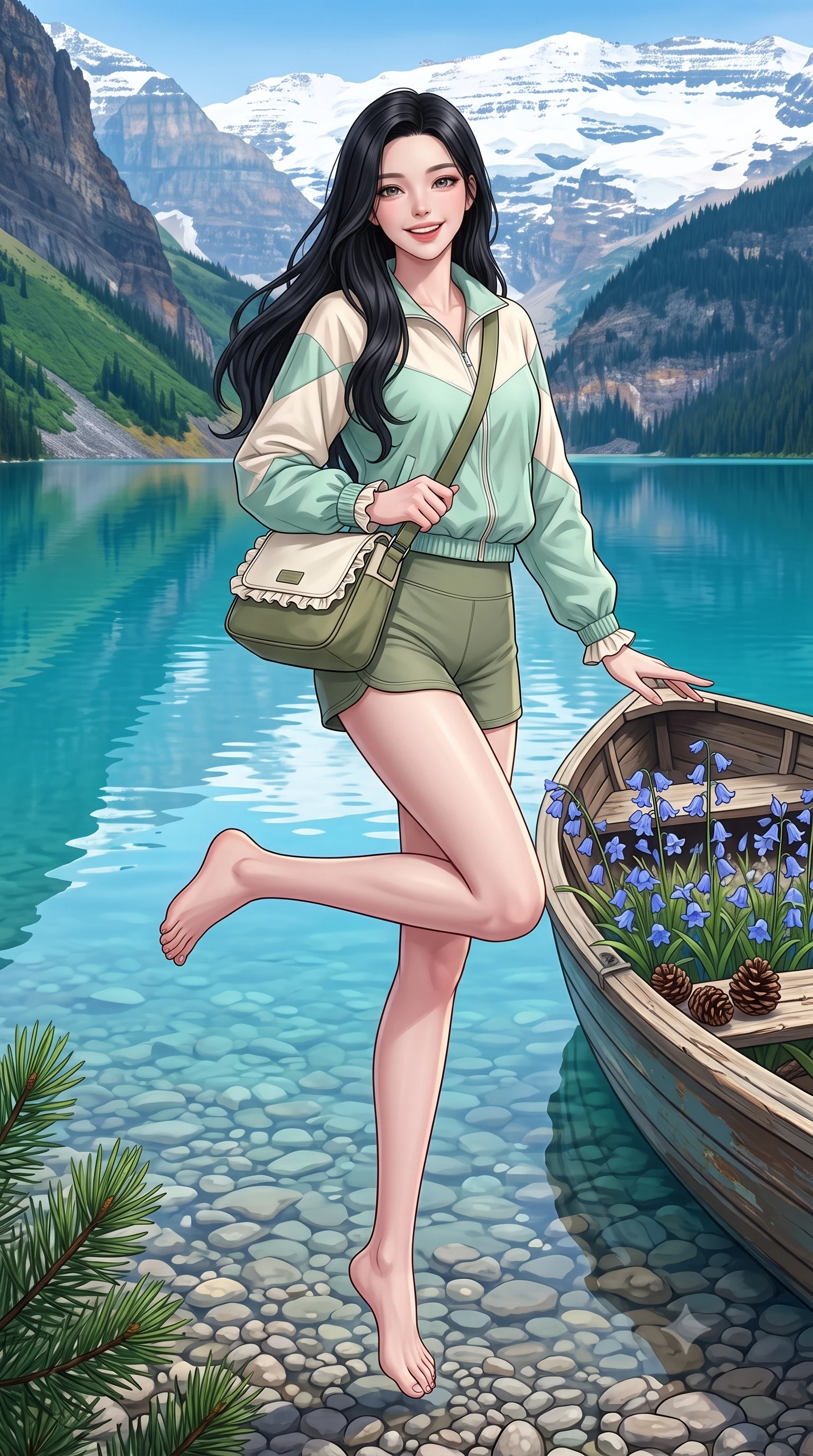 score_9, masterpiece, best quality, ultra-detailed, high-budget anime keyframe, semi-realistic 3D game render, editorial fashion photography, tasteful artistic composition, Korean woman. low angle full-body shot from head to toe showing her feet, filling the entire 9:16 vertical frame with her statuesque presence, stretching her vertical silhouette. standing poised on one leg with a playful hop and joyful expression, her long legs and slender figure highlighted against the landscape while leaning gently against a vintage wooden rowboat filled with bluebells, casting a warm and charming gaze into the lens. The surrounding environment is rendered in vivid detail and crisp panoramic clarity. crystal-clear turquoise water revealing smooth underwater pebbles, towering pine needles, and distant peaks in high clarity. She has an absolutely perfect, statuesque 8.5-heads proportion, an exceptionally tall and slender model-like female figure with impossibly long slender legs, a toned flat midriff, and an ultra-slim waist. sharp v-shaped jawline, high-bridge nose, intricate jewel-like eyes with depth, thick eyelashes, glossy lips with a natural sheen, pure and lovely fresh girlhood expression, flawlessly proportioned anatomical accuracy, strict slender model proportions, natural body alignment, perfectly sculpted long slender limbs, ultra-slim waistline, clean dynamic posture without body distortion. wearing a cute sporty pastel windbreaker paired with high-waisted active shorts and a canvas crossbody bag in muted olive green and ivory cotton, tailored from crisp organic cotton poplin, accented with soft smocked elastic details and ruffled cuff trims, the tailored casual silhouette highlighting her fresh and youthful presence and perfectly proportioned slender frame. surrounded by a serene, peaceful, and breathtakingly lovely lakeside maiden aura. highly saturated vibrant anime colors, detailed shading with soft gradients, rich glossy textures, high-contrast stereoscopic depth, volumetric dynamic lighting, master piece, 9:16 ratio