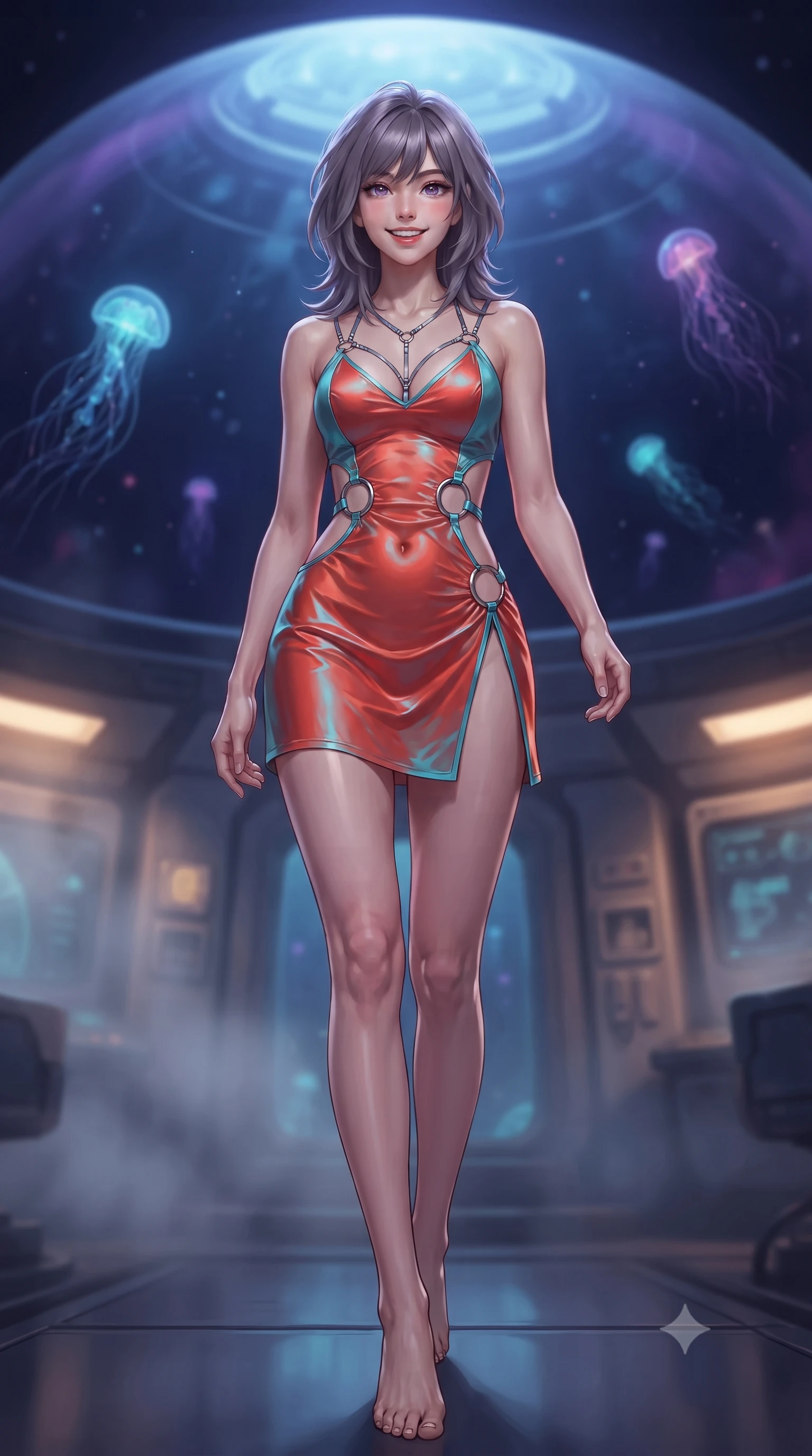 score_9, masterpiece, best quality, ultra-detailed, high-budget anime keyframe, editorial fashion photography, tasteful artistic composition, Japanese woman. low angle full-body shot from head to toe showing her feet, filling the entire 9:16 vertical frame with her statuesque presence, stretching her vertical silhouette. stepping forward in a confident stride, her long slender legs and curvaceous hips creating a dynamic, sweeping vertical line while standing poised beneath the massive reinforced acrylic dome at the ocean floor of Europa, arching her spine with mysterious siren elegance as alien bioluminescent siphonophores drift through ink-black waters. The background shows a soft-focus condensing humidity mist softened in Europa abyssal research base shallow focus. She has an exceptionally tall and slender model-like 8.5-heads proportion, an ultra-slim waist, a flat toned midriff, narrow delicate ribcage, and beautifully sculpted feminine hips creating a graceful, slim hourglass silhouette without any bulky heaviness, with impossibly long slender legs. sharp v-shaped jawline, high-bridge nose, intricate jewel-like sparkling eyes with depth, thick eyelashes, glossy parted lips with a natural peach sheen, bright cheerful beaming smile with an enchanting and coquettish sensual glint, exuding both youthful cute charm and seductive allure, flawlessly proportioned anatomical accuracy, strict slender model proportions, natural body alignment, perfectly sculpted long slender limbs, ultra-slim waistline, clean dynamic posture without body distortion. wearing a provocative open-waist combat cutout mini dress framed by polished chrome ring hardware and thigh-high slit in cyber-shinto vermilion and laser turquoise, crafted from fluid liquid silk satin that clings smoothly to her narrow waist and rounded hips with a dewy sheen, accented with a chrome-drop body harness subtly framing her dewy collarbones and spine, the liquid-tight tailored fabric clinging flawlessly to her narrow waist and rounded feminine hips, emphasizing every millimeter of her sculpted slim hourglass curves without any bulky heaviness. bathed in deep ocean blue-violet ambient light mixed with warm 2200K golden geothermal vent radiance. ultra-reflective glossy finish, specular highlights, rich textural contrasts, high-contrast stereoscopic depth, volumetric dynamic lighting, 2k, ultra detail, master piece, 9:16 ratio