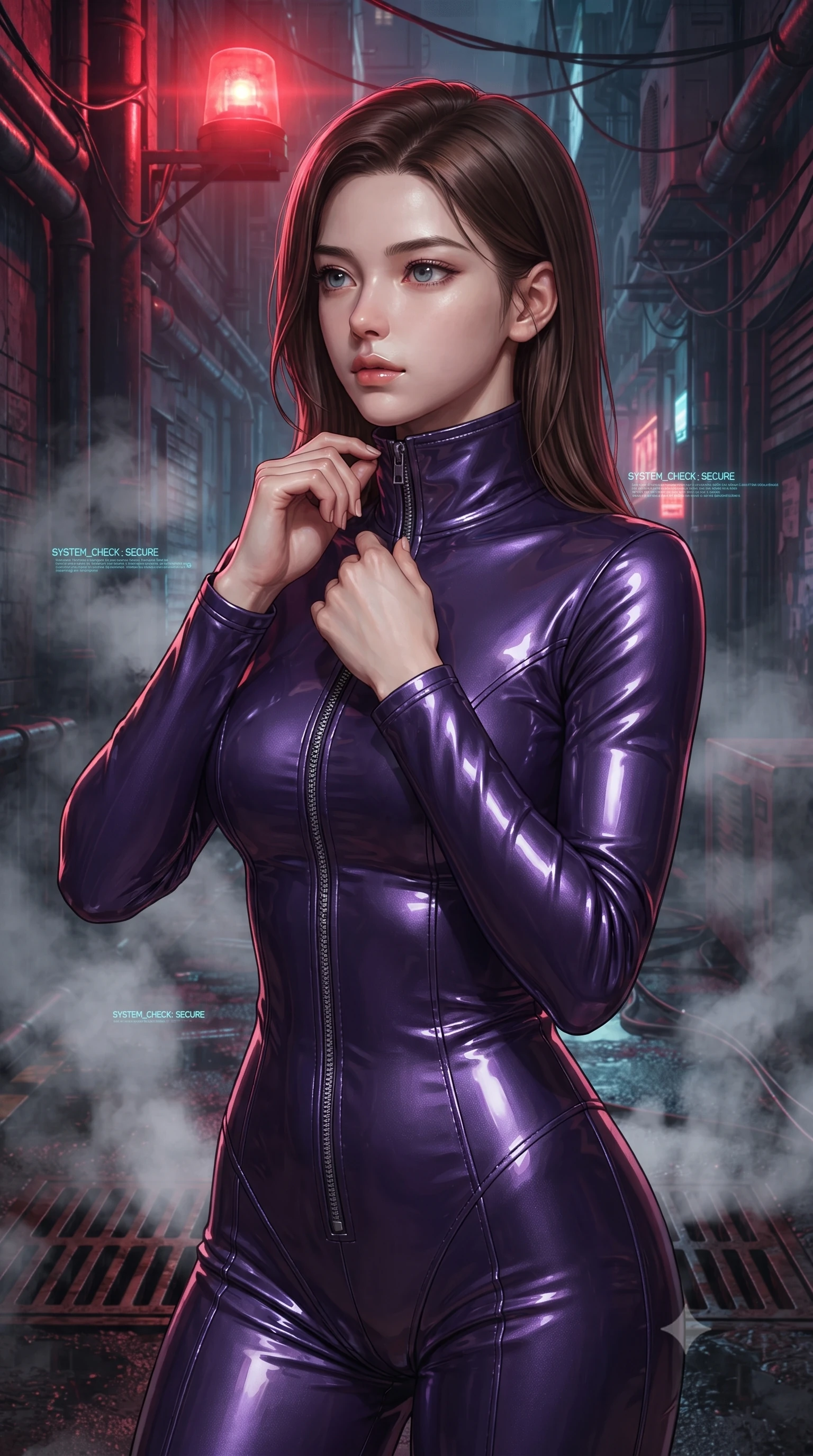 score_9, masterpiece, best quality, ultra-detailed, high-budget anime keyframe, editorial fashion photography, tasteful artistic composition, Korean woman. close-up cowboy shot from the waist and thighs up, the character dominates the composition, filling the frame with her large presence, background elements kept in soft focus. adjusting the high collar of her body-hugging suit, looking past the camera with quiet, sharp focus and a composed expression, the background shows a soft-focus a wet cyberpunk alleyway filled with steam rising from rusted iron grates. She has an exceptionally elegant, slender, and willowy female figure with an ultra-slim waist, a gracefully sculpted slender torso, and a refined silhouette. sharp v-shaped jawline, high-bridge nose, intricate jewel-like eyes with depth, thick eyelashes, glossy lips with a natural sheen. wearing a form-contouring form-contouring pilot flight suit in deep purple liquid vinyl, featuring a snug mock-neck and chrome zippers. underground steam vents catching a pulsing crimson warning beacon light from above. ultra-reflective glossy finish, specular highlights, metallic sheen, high-contrast stereoscopic depth, volumetric dynamic lighting, 2k, ultra detail, master piece, 9:16 ratio