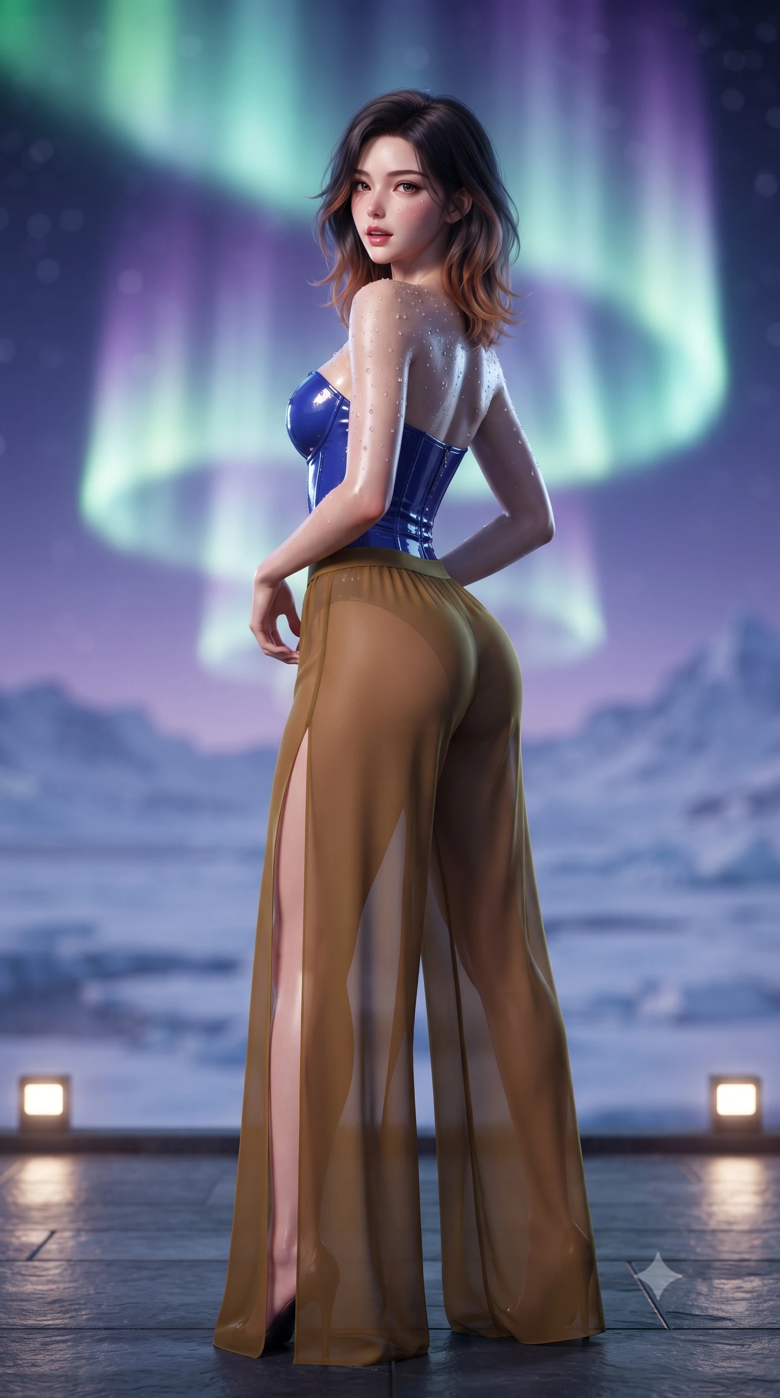 score_9, masterpiece, best quality, ultra-detailed, high-budget anime keyframe, editorial fashion photography, tasteful artistic composition, Korean woman. close-up cowboy shot from the waist and thighs up, the character dominates the composition, filling the frame with her large presence. posing in an alluring rear three-quarter angle, looking over a bare shoulder with parted glossy lips, her hips cocked back to highlight her slim hourglass curve while standing tall on the heated dark slate cantilevered deck, arching her back with regal siren poise beneath monumental waving curtains of polar aurora. The background shows a soft-focus monumental multi-tiered aurora borealis corona shimmering across the polar sky, vast tundra snowfields, and distant icy peaks blurred into violet, lime, and obsidian bokeh. She has an exceptionally elegant, slender, and willowy female figure with an ultra-slim waist, flat toned midriff, narrow ribcage, and sculpted feminine hips creating an alluring, slim hourglass silhouette without bulk. sharp v-shaped jawline, high-bridge nose, sparkling eyes with hypnotic seductive depth, thick curled eyelashes, glossy parted lips with a natural dewy peach sheen, alluring bedroom-eyes with an enchanting coquettish smile, exuding magnetic siren charisma and sophisticated glamour, flawlessly proportioned anatomical accuracy, strict slender model proportions, natural body alignment, perfectly sculpted long slender limbs, ultra-slim waistline, clean dynamic posture without body distortion. wearing a wet-look form-fitting vinyl bustier paired with sheer chiffon high-slit wide-leg trousers in royal lapis lazuli and burnished brass, crafted from wet-look high-gloss vinyl fabric with dazzling specular surface reflections, finished with glistening drops of hot spring water beading across her sculpted shoulders and collarbones, the glove-like clinging cut tightly following the natural contour of her hips and long slender legs with youthful 8.5-heads elegance. illuminated by ground-level warm slate up-lights and sharp icy-emerald rim lights defining her delicate clavicles, narrow waist, and curvy hips. ultra-reflective glossy finish, specular highlights, rich textural contrasts, high-contrast stereoscopic depth, volumetric dynamic lighting, 2k, ultra detail, master piece, 9:16 ratio
