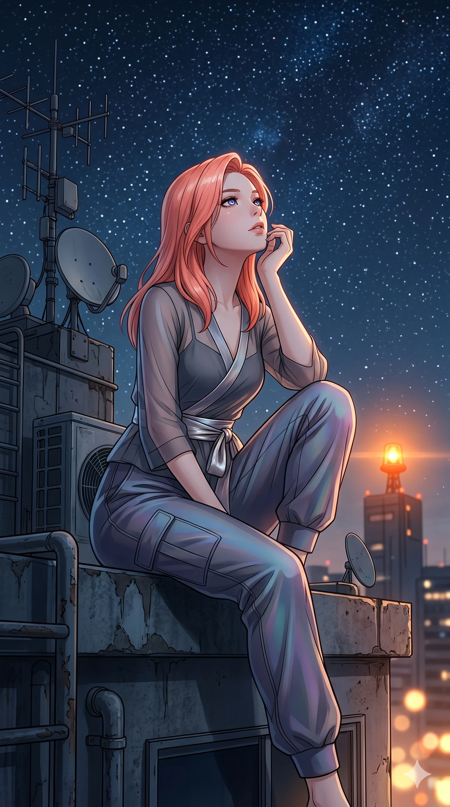 score_9, masterpiece, best quality, ultra-detailed, high-budget anime keyframe, Japanese woman. Upper body close-up from the thighs up, character filling the screen for maximum presence. On the rooftop of a capsule hotel, surrounded by antennae, sitting on the edge, looking at the starry sky with a dreamy expression. She is wearing a delicate sheer-panel wrap top with metallic sash and matching cargo joggers. The scene is bathed in soft starlight and the warm orange glow of a distant warning beacon. 2k, ultra detail, master piece, 9:16 ratio
