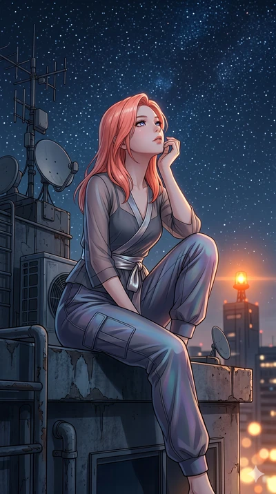 score_9, masterpiece, best quality, ultra-detailed, high-budget anime keyframe, Japanese woman. Upper body close-up from the thighs up, character filling the screen for maximum presence. On the rooftop of a capsule hotel, surrounded by antennae, sitt