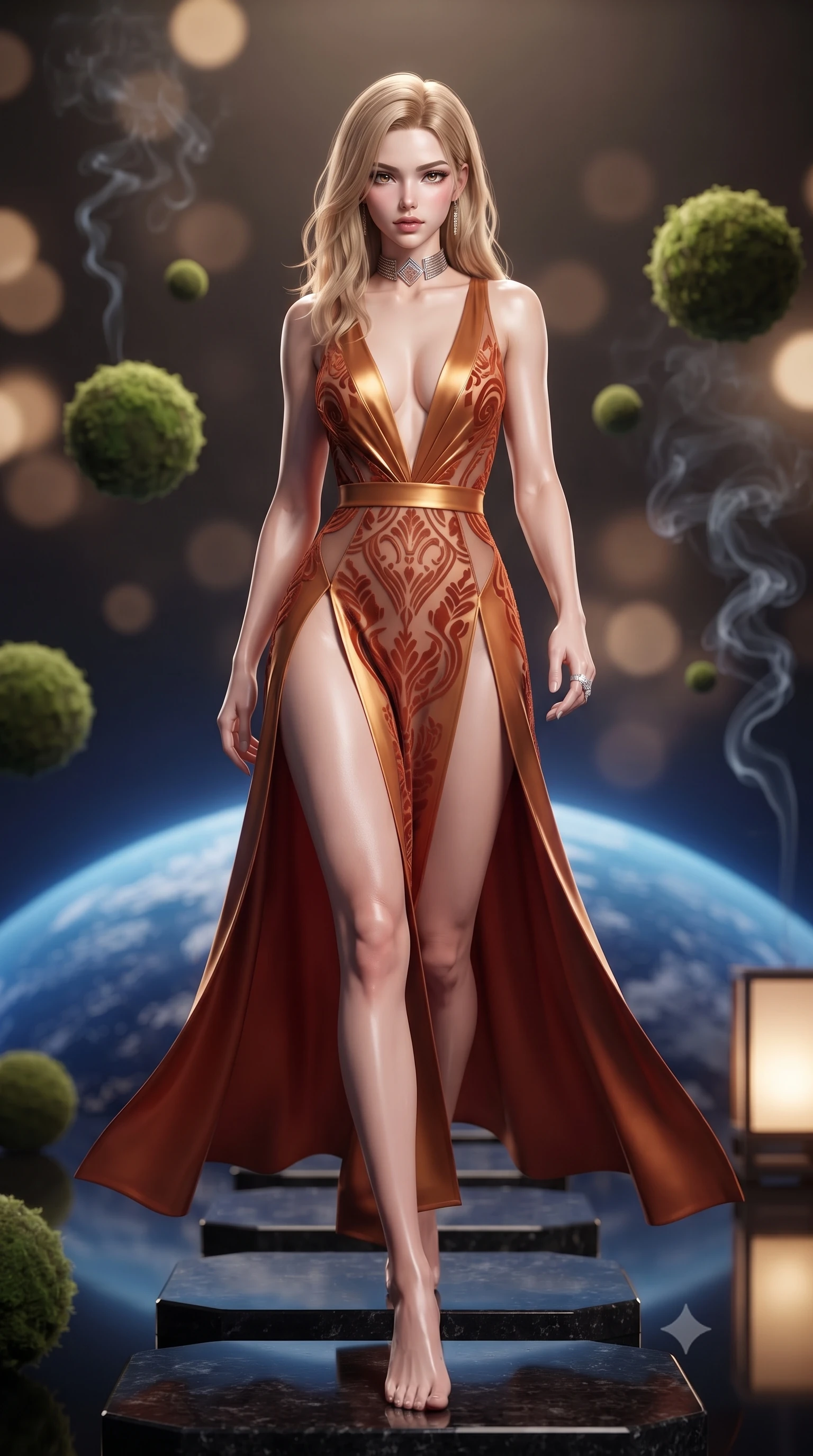 score_9, masterpiece, best quality, ultra-detailed, high-budget anime keyframe, editorial fashion photography, tasteful artistic composition, Korean woman. low angle full-body shot from head to toe showing her feet, filling the entire 9:16 vertical frame with her statuesque presence, stretching her vertical silhouette. striding forward in a proud supermodel runway stride, hips swaying in an alluring kinetic rhythm that accentuates her curvy hourglass silhouette while standing poised on polished black granite stepping stones, twisting her slender torso in an alluring contrapposto stance in the cosmic stillness. The composition keeps background elements in soft focus with creamy bokeh. floating moss spheres and aromatic incense smoke curls softened in meditative shallow focus. She has an exceptionally tall and slender model-like 8.5-heads proportion, an ultra-slim waist, a flat toned midriff, narrow delicate ribcage, and beautifully sculpted feminine hips creating a graceful, slim hourglass silhouette without any bulky heaviness, with impossibly long slender legs. sharp v-shaped jawline, high-bridge nose, intricate jewel-like eyes with depth, thick eyelashes, glossy parted lips with a natural sheen, intensely captivating and seductive bedroom-eyes expression, flawlessly proportioned anatomical accuracy, strict slender model proportions, natural body alignment, perfectly sculpted long slender limbs, ultra-slim waistline, clean dynamic posture without body distortion. wearing a plunging-V neckline duchess satin gown with high side slits ascending to the high hip in molten desert gold and burnt terracotta, made of sheer contouring power-mesh with velvet flocking patterns, complemented by a bold geometric choker and sparkling cocktail ring, the form-contouring material adhering flawlessly to her sculpted flat midriff and slender torso, emphasizing her long leg lines and perfectly proportioned willowy build. bathed in pure, soft sapphire earth-shine from the massive planet below and warm hidden floor lantern glow. ultra-reflective glossy finish, specular highlights, rich textural contrasts, high-contrast stereoscopic depth, volumetric dynamic lighting, 2k, ultra detail, master piece, 9:16 ratio