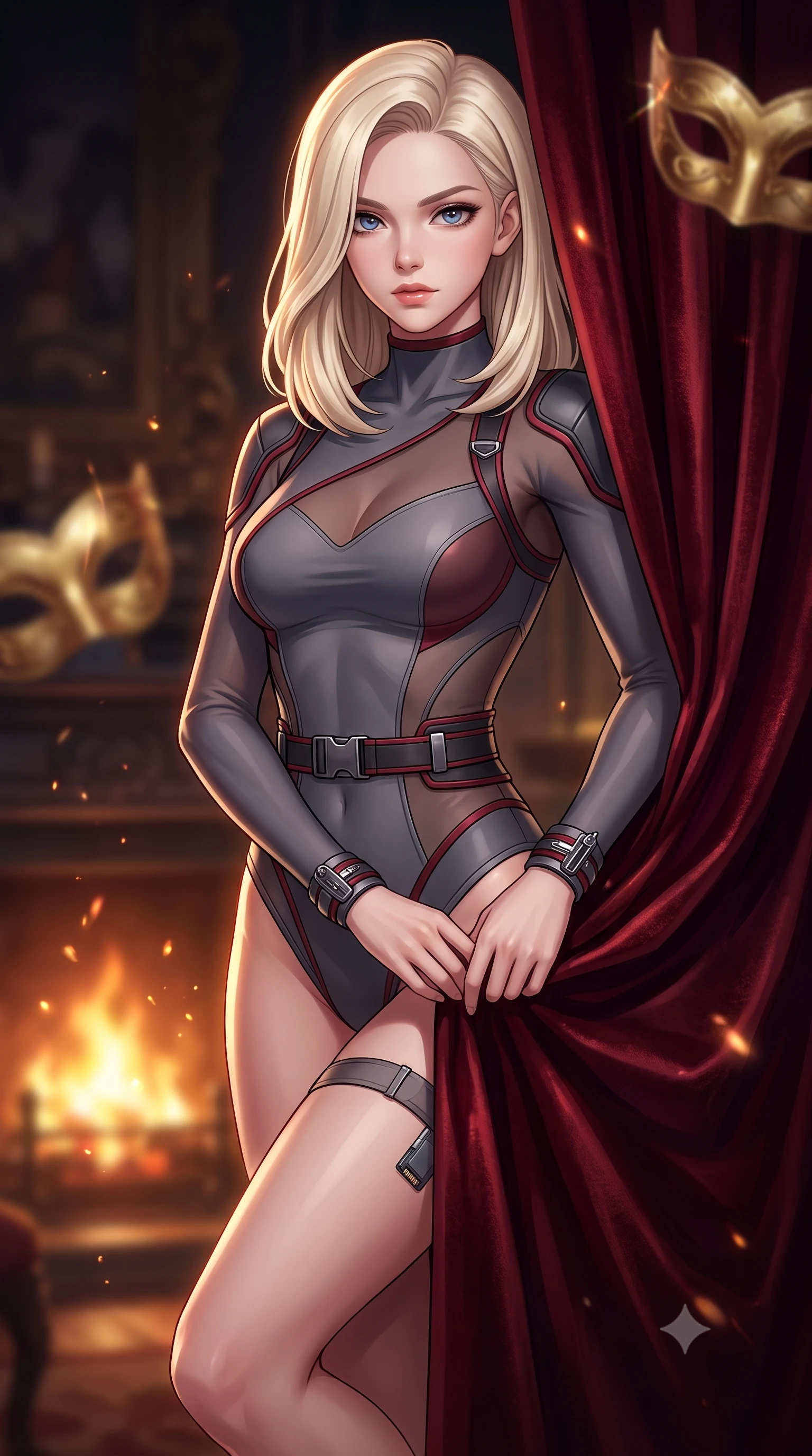 score_9, masterpiece, best quality, ultra-detailed, high-budget anime keyframe, semi-realistic 3D game render, editorial fashion photography, tasteful artistic composition, Caucasian woman. close-up cowboy shot from the waist and thighs up, the character dominates the composition, filling the frame with her large presence. holding her hands loosely in front with regal, aristocratic poise, radiating an overwhelming high-society aura while pivoting dynamically behind a heavy velvet curtain in a dimly lit VIP corridor, concealing a miniature data drive in her garter. The composition keeps background elements in soft focus with creamy bokeh. flickering fireplace sparks and gold leaf mask reflections scattering warm radiant light motes. She has an exceptionally elegant, slender, and willowy female figure with an ultra-slim waist, a gracefully sculpted slender torso, toned flat midriff, and a refined slim silhouette. sharp v-shaped jawline, high-bridge nose, intricate jewel-like eyes with depth, thick eyelashes, glossy lips with a natural sheen, captivating and magnetic expression, flawlessly proportioned anatomical accuracy, strict slender model proportions, natural body alignment, perfectly sculpted long slender limbs, ultra-slim waistline, clean dynamic posture without body distortion. wearing a sharp asymmetrical spy bodysuit with sheer contouring mesh panels, reinforced strike shoulders, and utility waist harness in storm grey and dark scarlet trim, made of high-mobility liquid jersey and semi-opaque reinforced mesh, accented with concealed lockpick wristbands and polished dark chrome hardware edition #33, the glove-like aerodynamic second-skin fit tightly clinging to her ultra-slender waist and athletic curves without adding bulk, accentuating her razor-sharp statuesque lines and slim hourglass silhouette. surrounded by an enigmatic, enchanting, and lethal undercover spy duchess aura. highly saturated vibrant anime colors, detailed shading with soft gradients, rich glossy textures, high-contrast stereoscopic depth, volumetric dynamic lighting, master piece, 9:16 ratio