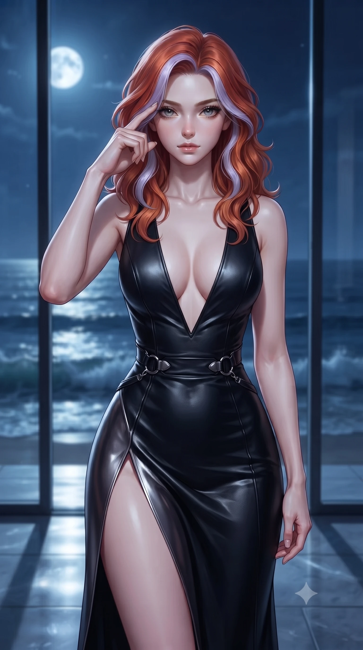 score_9, masterpiece, best quality, ultra-detailed, high-budget anime keyframe, editorial fashion photography, tasteful artistic composition, Caucasian woman. close-up cowboy shot from the waist and thighs up, the character dominates the composition, filling the frame with her large presence, background elements kept in soft focus. Pressing two fingers to her temple in a composed, sharp thoughtful gesture, poised before a floor-to-ceiling glass bay looking out over calm moonlit ocean waves, cold silver moonbeams penetrating glass windows and casting sharp metallic reflections. She has an exceptionally elegant, slender, and willowy female figure with an ultra-slim waist, a gracefully sculpted slender torso, and a refined silhouette. sharp v-shaped jawline, high-bridge nose, intricate jewel-like eyes with depth, thick eyelashes, glossy lips with a natural sheen. wearing deep plunging V-neckline midnight gown with daring high thigh slit in metallic dark silver, made of polished black leather, trimmed with dark chrome ring hardware along the waist contours, following her slender form with tailored precision. bathed in dramatic nocturnal blue and silver contrast lighting. highly saturated vibrant anime colors, detailed shading with soft gradients, rich glossy textures, high-contrast stereoscopic depth, volumetric dynamic lighting, master piece, 9:16 ratio