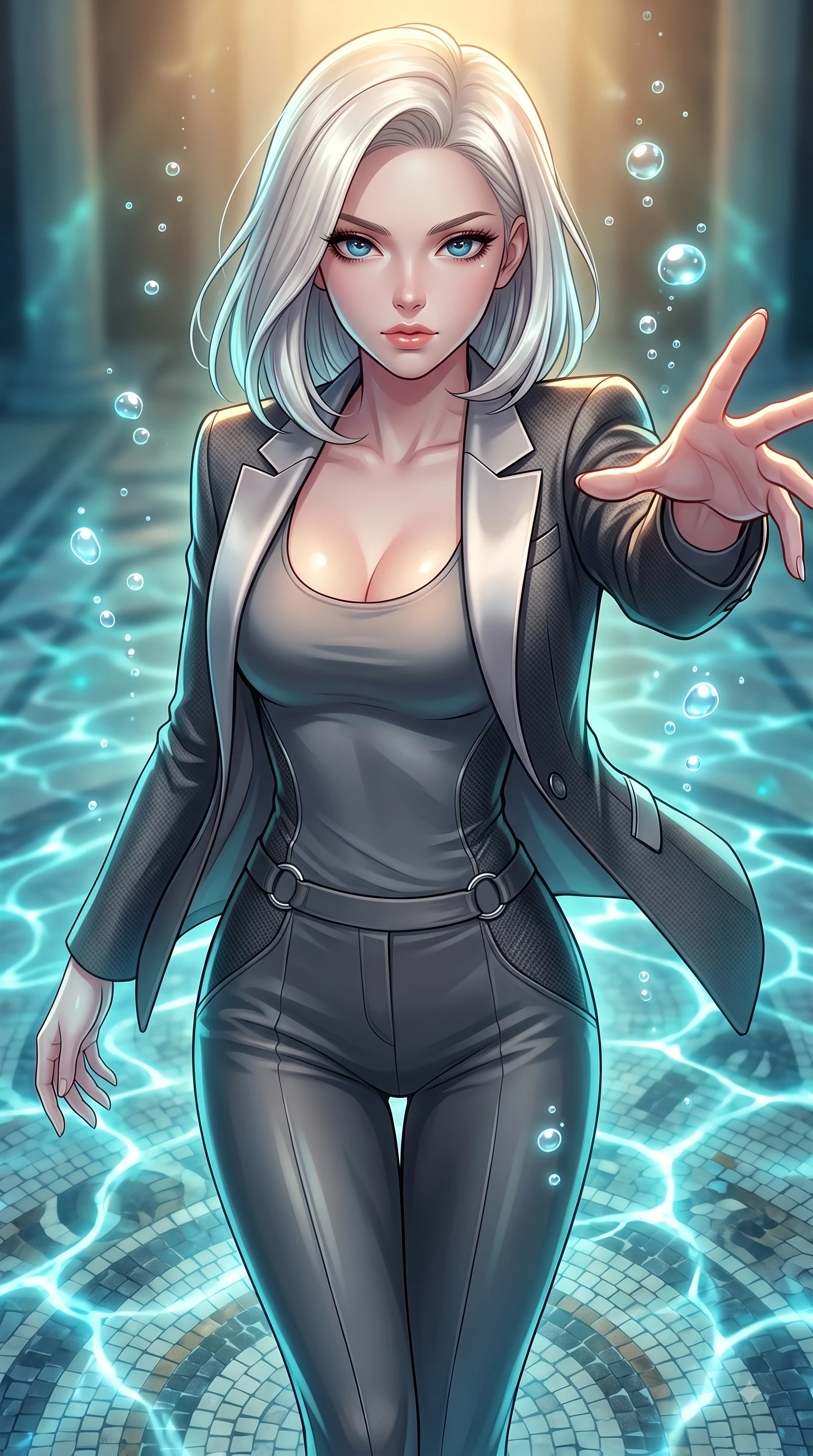 score_9, masterpiece, best quality, ultra-detailed, high-budget anime keyframe, editorial fashion photography, tasteful artistic composition, Caucasian woman. close-up cowboy shot from the waist and thighs up, the character dominates the composition, filling the frame with her large presence, background elements kept in soft focus. Reaching one arm gracefully toward the camera with magnetic poise, displaying her statuesque silhouette while gliding over a mosaic marble floor illuminated by shimmering underwater caustic ripples, rising bioluminescent bubbles casting soft pearl-like highlights on her athletic build. She has an exceptionally elegant, slender, and willowy female figure with an ultra-slim waist, a gracefully sculpted slender torso, and a refined silhouette. sharp v-shaped jawline, high-bridge nose, intricate jewel-like eyes with depth, thick eyelashes, glossy lips with a natural sheen, flawlessly proportioned anatomical accuracy, natural body alignment, perfectly sculpted elegant limbs, clean dynamic posture without body distortion. wearing a tailored silk blazer over a form-contouring scoop-neck top and slacks in charcoal grey and platinum, made of fine carbon-fiber weave and soft matte leather, accented with delicate chrome ring hardware framing her waist, the tailored fabric tightly following every curve of her athletic build. illuminated by luminous aqua bioluminescence and warm golden top lighting. highly saturated vibrant anime colors, detailed shading with soft gradients, rich glossy textures, high-contrast stereoscopic depth, volumetric dynamic lighting, master piece, 9:16 ratio