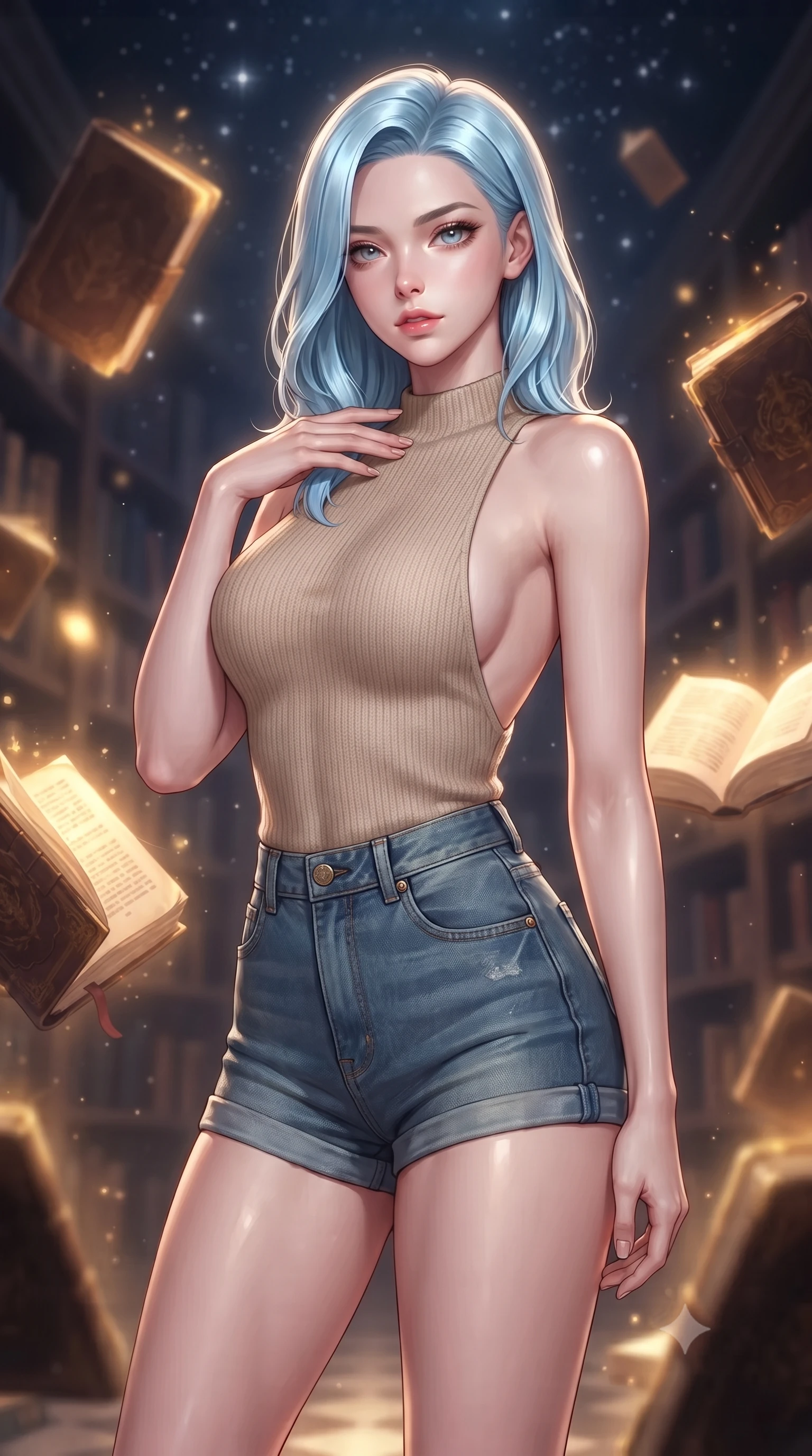 score_9, masterpiece, best quality, ultra-detailed, high-budget anime keyframe, editorial fashion photography, tasteful artistic composition, Korean woman. close-up cowboy shot from the waist and thighs up, the character dominates the composition, filling the frame with her large presence, background elements kept in soft focus. standing with one hand resting on her collarbone, looking at the viewer with bedroom-eyes the background shows a soft-focus a starlight library chamber with glowing leather-bound manuscripts floating mid-air. She has an exceptionally elegant, slender, and willowy female figure with an ultra-slim waist, a gracefully sculpted slender torso, and a refined silhouette. sharp v-shaped jawline, high-bridge nose, intricate jewel-like eyes with depth, thick eyelashes, glossy lips with a natural sheen. wearing a body-hugging backless knit top in beige wool, paired with high-waisted denim shorts. warm golden manuscript glow casting cozy, mysterious lighting. ultra-reflective glossy finish, specular highlights, metallic sheen, high-contrast stereoscopic depth, volumetric dynamic lighting, 2k, ultra detail, master piece, 9:16 ratio