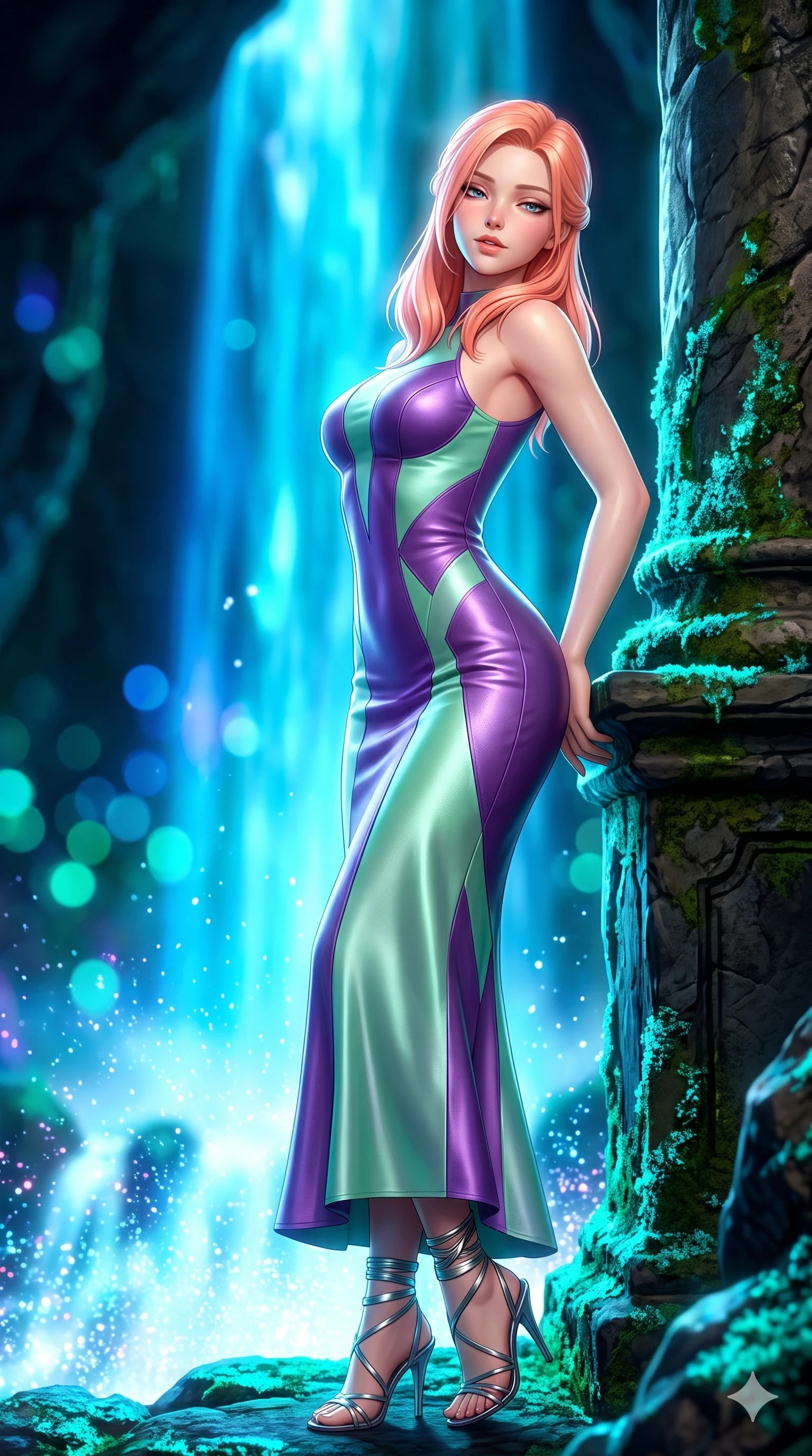 score_9, masterpiece, best quality, ultra-detailed, high-budget anime keyframe, semi-realistic 3D game render, editorial fashion photography, tasteful artistic composition, Japanese woman. close-up cowboy shot from the waist and thighs up, the character dominates the composition, filling the frame with her large presence. leaning back against the balustrade with relaxed seductive grace, head tilted back slightly while casting a hypnotic, heavy-lidded gaze while leaning against the moss-covered rock needle with hips cocked back, watching glowing azure water cascades splash into luminous mist with heavy-lidded bedroom-eyes. The background shows a soft-focus cascading luminescent blue waterfalls, glowing cyan moss on vertical spires, and swirling cavern mists blurred into electric blue, turquoise, and jade bokeh. She has an exceptionally elegant, slender, and willowy female figure with an ultra-slim waist, flat toned midriff, narrow ribcage, and sculpted feminine hips creating an alluring, slim hourglass silhouette without bulk. sharp v-shaped jawline, high-bridge nose, intricate jewel-like sparkling eyes with depth, thick eyelashes, glossy parted lips with a natural peach sheen, bright cheerful beaming smile with an enchanting and coquettish sensual glint, exuding both youthful cute charm and seductive allure, flawlessly proportioned anatomical accuracy, strict slender model proportions, natural body alignment, perfectly sculpted long slender limbs, ultra-slim waistline, clean dynamic posture without body distortion. wearing a glove-like stretch lambskin leather sheath dress accentuating her ultra-slim waistline without bulk in phosphorescent ultraviolet amethyst and mint green, crafted from fluid liquid silk satin that clings smoothly to her narrow waist and rounded hips with a dewy sheen, complemented by strappy stiletto sandals with metallic ankle wraps accentuating her slender calves, the impeccably tailored cut draping gracefully along her slender figure with aristocratic poise. illuminated by waterfall spray bounce and sharp cyan-white rim lights defining her jawline, narrow waist, and curvy hips. highly saturated vibrant anime colors, detailed shading with soft gradients, rich glossy textures, high-contrast stereoscopic depth, volumetric dynamic lighting, master piece, 9:16 ratio