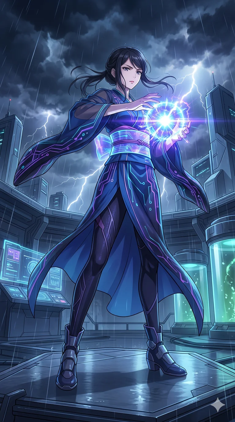 score_9, masterpiece, best quality, ultra-detailed, High-budget Anime Keyframe, vibrant colors, fluid line-art, expressive lighting, cinematic composition, Ufotable-style visual effects, top-tier animation quality, Japanese woman with delicate and elegant anime-inspired features. Dynamic full-body shot stretching the vertical silhouette, capturing her from a powerful low-angle perspective. Charging a devastating energy blast between her palms during a fierce thunderstorm on a metallic plateau, lightning striking around her. She has an absolutely perfect 8-heads proportion, an exceptionally tall and slender female figure with impossibly long slender legs and an ultra-slim waist, her statuesque height and towering silhouette dominating the vertical 9:16 frame. Her face is a masterpiece featuring a sharp v-shaped jawline, high-bridge nose, intricate jewel-like eyes with depth, thick eyelashes, and glossy lips with a natural sheen. She is wearing a High-slit tech-kimono with holographic obi and integrated neon-lit circuitry patterns crafted from Sheer silk that is almost transparent, flowing like water around her statuesque frame, unzipped deeply to reveal a daring glimpse of her chest and a high-cut leg line. The scene is set in a high-tech research laboratory with glowing glass tanks and complex holographic interfaces, illuminated by ethereal moonlight filtering through a crystalline canopy, creating soft highlights. 2k, ultra detail, master piece, 9:16 ratio