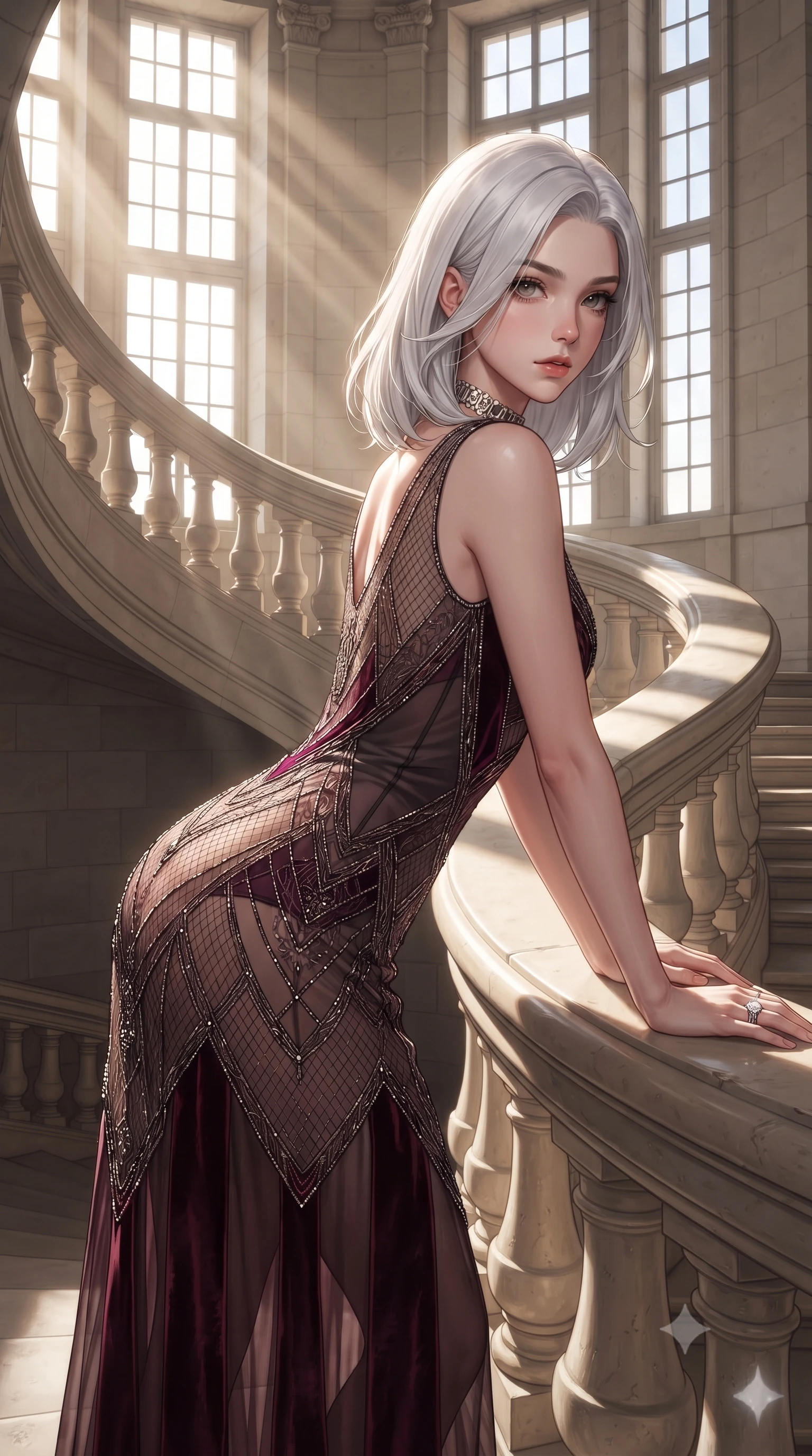 score_9, masterpiece, best quality, ultra-detailed, high-budget anime keyframe, editorial fashion photography, tasteful artistic composition, Korean woman. close-up cowboy shot from the waist and thighs up, the character dominates the composition, filling the frame with her large presence. leaning forward against the polished railing with her hips cocked back, creating an intoxicating curve from her narrow waist to sculpted hips as she gazes back into the lens while ascending the monumental carved limestone double-spiral staircase, arching her back as sunbeams illuminate her regal hourglass silhouette through stone arches. The surrounding environment is rendered in vivid detail and crisp panoramic clarity. detailed heavy velvet gown texture, diamond necklace sparkle, and Chambord architectural clarity in high resolution. She has an exceptionally elegant, slender, and willowy female figure with an ultra-slim waist, flat toned midriff, narrow ribcage, and sculpted feminine hips creating an alluring, slim hourglass silhouette without bulk. sharp v-shaped jawline, high-bridge nose, intricate jewel-like eyes with depth, thick eyelashes, glossy parted lips with a natural sheen, intensely captivating and seductive bedroom-eyes expression, flawlessly proportioned anatomical accuracy, strict slender model proportions, natural body alignment, perfectly sculpted long slender limbs, ultra-slim waistline, clean dynamic posture without body distortion. wearing a sheer vintage mesh flapper dress adorned with intricate geometric beadwork over an opaque silk slip in deep wine burgundy and brushed dark platinum, made of fluid silk crepe with delicate inner corsetry boning, complemented by a bold geometric choker and sparkling cocktail ring, the liquid-tight tailored fabric clinging flawlessly to her narrow waist and rounded feminine hips, emphasizing every millimeter of her sculpted slim hourglass curves without any bulky heaviness. bathed in dramatic directional shafts of sunlight cutting through monumental stone mullioned windows. ultra-reflective glossy finish, specular highlights, rich textural contrasts, high-contrast stereoscopic depth, volumetric dynamic lighting, 2k, ultra detail, master piece, 9:16 ratio