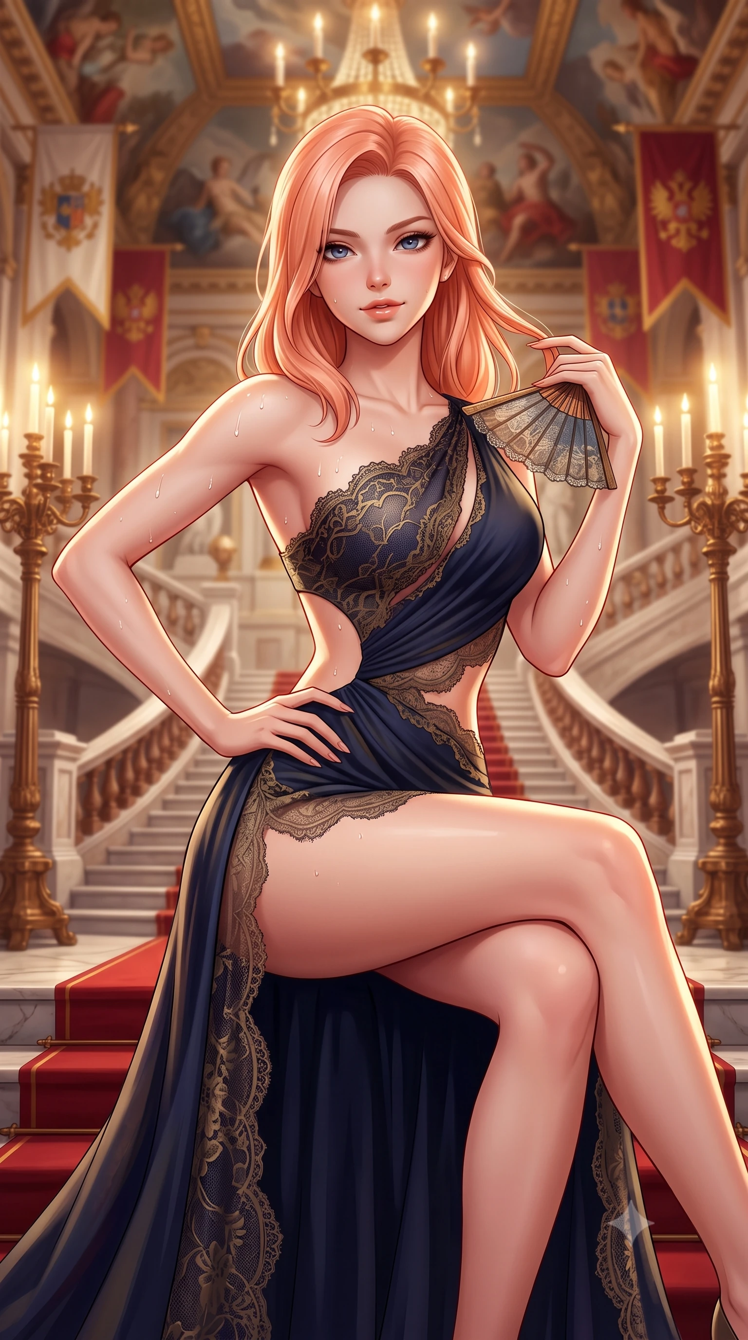 score_9, masterpiece, best quality, ultra-detailed, high-budget anime keyframe, semi-realistic 3D game render, editorial fashion photography, tasteful artistic composition, Japanese woman. close-up cowboy shot from the waist and thighs up, the character dominates the composition, filling the frame with her large presence. twisting her slender torso in an alluring contrapposto stance, one hand resting on her sculpted hip while her fingers toy with her hair with effortless poise while sitting poised on the red-carpeted marble landing with legs extended, holding a silk fan with effortless aristocratic allure. The background shows a soft-focus monumental marble imperial staircase with double sweeping flights, soaring mythological ceiling frescoes, and imperial heraldic banners blurred into ivory, ruby, and gold bokeh. She has an exceptionally elegant, slender, and willowy female figure with an ultra-slim waist, flat toned midriff, narrow ribcage, and sculpted feminine hips creating an alluring, slim hourglass silhouette without bulk. sharp v-shaped jawline, high-bridge nose, sparkling eyes with hypnotic seductive depth, thick curled eyelashes, glossy parted lips with a natural dewy peach sheen, alluring bedroom-eyes with an enchanting coquettish smile, exuding magnetic siren charisma and sophisticated glamour, flawlessly proportioned anatomical accuracy, strict slender model proportions, natural body alignment, perfectly sculpted long slender limbs, ultra-slim waistline, clean dynamic posture without body distortion. wearing an asymmetric one-shoulder liquid jersey gown with dramatic hip-high slit and sculptural waist cutout in Austrian opera midnight indigo and antique brass, made of delicate semi-sheer French Chantilly lace with intricate eyelash edges, finished with glistening drops of lagoon or spa water beading across her sculpted shoulders and collarbones, the precision-cut side openings and low-back scoop framing her graceful spine and the sensual sweep of her slim, toned hips. bathed in warm golden light from towering bronze candelabras and overhead palace chandeliers. highly saturated vibrant anime colors, detailed shading with soft gradients, rich glossy textures, high-contrast stereoscopic depth, volumetric dynamic lighting, master piece, 9:16 ratio