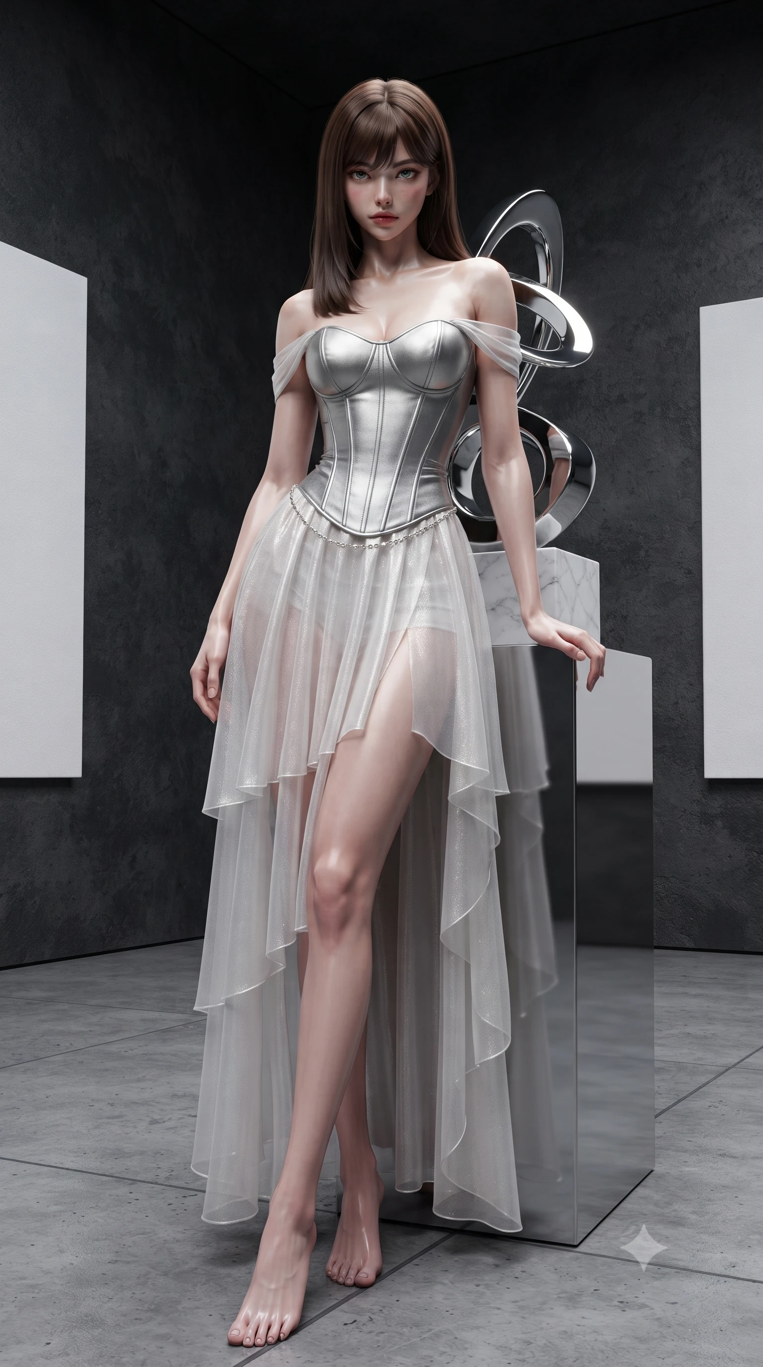 score_9, masterpiece, best quality, ultra-detailed, high-budget anime keyframe, editorial fashion photography, tasteful artistic composition, Korean woman. low angle full-body shot from head to toe showing her feet, filling the entire 9:16 vertical frame with her statuesque presence, stretching her vertical silhouette. leaning deep against the structural architecture with hips cocked in an unapologetically bold, seductive high-fashion stance while leaning back against the pedestal of a minimalist marble sculpture with hips cocked, casting a cool, intellectual, and smoldering gaze at the camera. The surrounding environment is rendered in vivid detail and crisp panoramic clarity. sharp canvas texture weave, polished chrome sculpture surfaces, and concrete gallery floor seams in deep focus. She has an exceptionally tall and slender model-like 8.5-heads proportion, an ultra-slim waist, a flat toned midriff, narrow delicate ribcage, and beautifully sculpted feminine hips creating a graceful, slim hourglass silhouette without any bulky heaviness, with impossibly long slender legs. sharp v-shaped jawline, high-bridge nose, intricate jewel-like eyes with depth, thick eyelashes, glossy parted lips with a natural sheen, intensely captivating and seductive bedroom-eyes expression, flawlessly proportioned anatomical accuracy, strict slender model proportions, natural body alignment, perfectly sculpted long slender limbs, ultra-slim waistline, clean dynamic posture without body distortion. wearing an off-shoulder French court corset bodice dress paired with a tiered translucent chiffon slit skirt in shimmering silver mercury and pearl white, crafted from second-skin supple lambskin leather with liquid drape, accented with a dainty diamond waist chain catching the ambient light reflections, the second-skin form-contouring cut accentuating her sculpted flat midriff, narrow delicate ribcage, and gracefully curvy hips with supermodel precision. illuminated by sharp linear edge highlights defining her sculpted collarbones, ultra-slim waist, and curvy hips. ultra-reflective glossy finish, specular highlights, rich textural contrasts, high-contrast stereoscopic depth, volumetric dynamic lighting, 2k, ultra detail, master piece, 9:16 ratio