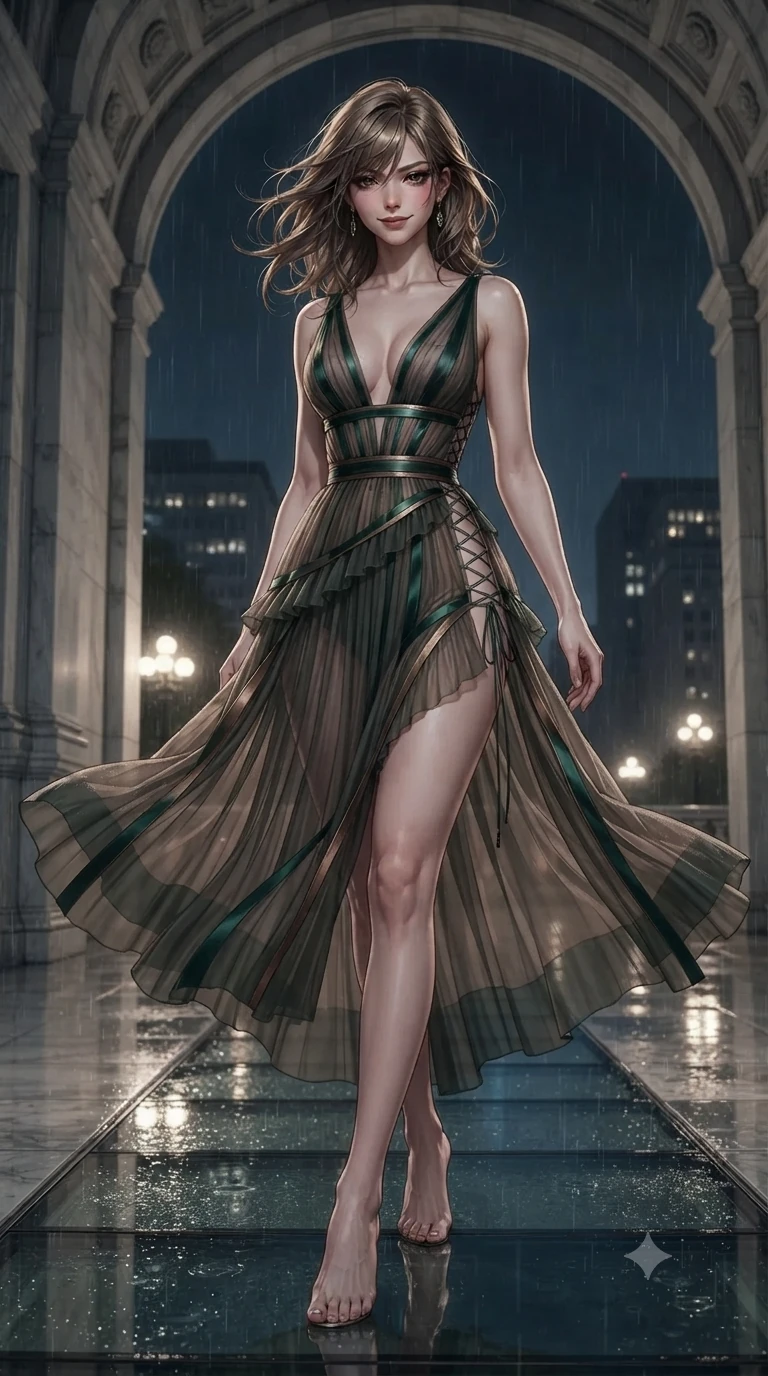 score_9, masterpiece, best quality, ultra-detailed, high-budget anime keyframe, editorial fashion photography, tasteful artistic composition, Japanese woman. low angle full-body shot from head to toe showing her feet, filling the entire 9:16 vertical frame with her statuesque presence, stretching her vertical silhouette. striding across the rain-swept glass terrace, nocturnal breezes whipping her garments open to accentuate her long slender legs and curvy hips while walking slowly down the grand marble portico with feline poise, her long slender legs and curvaceous hips creating a sweeping vertical line. The surrounding environment is rendered in vivid detail and crisp panoramic clarity: detailed tiered tulle and silk gown tailoring, corseted waist structure, and historic masonry in razor-sharp precision. She has an exceptionally tall and slender model-like 8.5-heads proportion, an ultra-slim waist, a flat toned midriff, narrow delicate ribcage, and beautifully sculpted feminine hips creating a graceful, slim hourglass silhouette without any bulky heaviness, with impossibly long slender legs. sharp v-shaped jawline, high-bridge nose, intricate jewel-like dark sparkling eyes with dangerous depth, thick curled eyelashes, glossy parted lips with a rich wine sheen, smoldering seductive half-smile with bedroom-eyes, exuding effortless superiority and intoxicating dark allure, flawlessly proportioned anatomical accuracy, strict slender model proportions, natural body alignment, perfectly sculpted long slender limbs, ultra-slim waistline, clean dynamic posture without body distortion. wearing a plunge-front sheer illusion tulle slip dress with liquid platinum ribbon stripes hugging her curves in dark emerald green and brushed antique bronze, crafted from semi-sheer pleated silk chiffon layered over an opaque second-skin underlayer, featuring fine criss-cross lace-up side ties revealing tantalizing glimpses of her hip curve, the form-contouring cut accentuating her sculpted flat midriff, narrow delicate ribcage, and gracefully curvy hips with intoxicating allure. illuminated by polished portico floor bounce and sharp ivory-gold rim lights defining her razor-sharp jawline, narrow waist, and curvy hips. ultra-reflective glossy finish, specular highlights, rich textural contrasts, high-contrast stereoscopic depth, volumetric dynamic lighting, 2k, ultra detail, master piece, 9:16 ratio