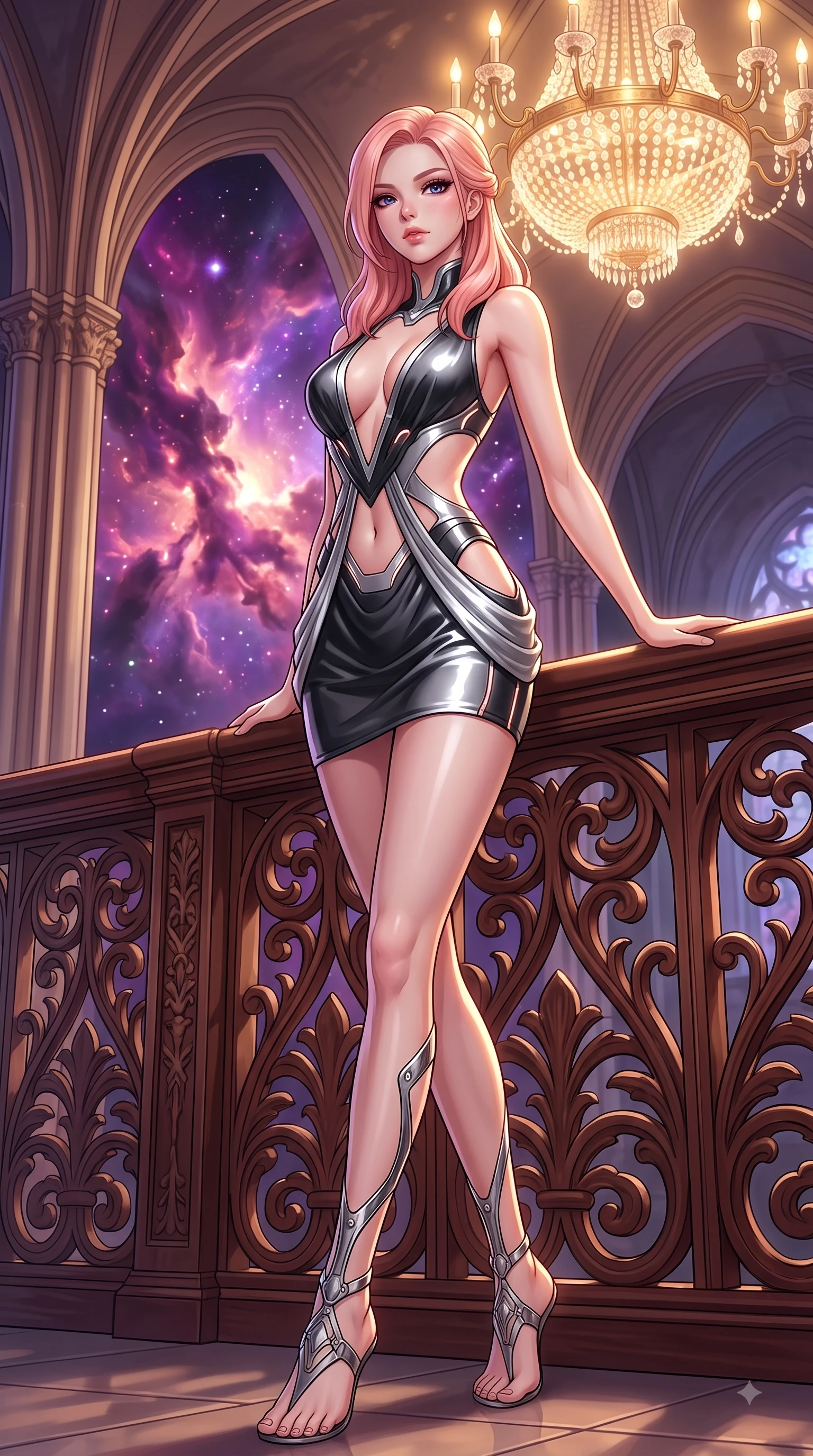 score_9, masterpiece, best quality, ultra-detailed, high-budget anime keyframe, editorial fashion photography, tasteful artistic composition, Japanese woman. low angle full-body shot from head to toe showing her feet, filling the entire 9:16 vertical frame with her statuesque presence, stretching her vertical silhouette. stepping forward in a proud dynamic stride with an alluring waist tilt, her vertical silhouette filling the frame while leaning gracefully against a carved mahogany balustrade under a majestic chandelier glow, vivid purple and rose-gold nebula clouds glowing through monumental cathedral arches. She has an absolutely perfect, statuesque 8.5-heads proportion, an exceptionally tall and slender model-like female figure with impossibly long slender legs and an ultra-slim waist. sharp v-shaped jawline, high-bridge nose, intricate jewel-like eyes with depth, thick eyelashes, glossy lips with a natural sheen, flawlessly proportioned anatomical accuracy, natural body alignment, perfectly sculpted elegant limbs, clean dynamic posture without body distortion. wearing a liquid mercury gloss mini dress with ultra-deep V-neck and waist cutouts in matte black and polished silver, crafted from lustrous satin jersey with fluid draping, featuring subtle geometric cutouts that highlight her ultra-slim midriff, the elegant draped fit framing her graceful clavicle and slender torso. illuminated by radiant cosmic nebula light and warm golden chandelier glow. highly saturated vibrant anime colors, detailed shading with soft gradients, rich glossy textures, high-contrast stereoscopic depth, volumetric dynamic lighting, master piece, 9:16 ratio