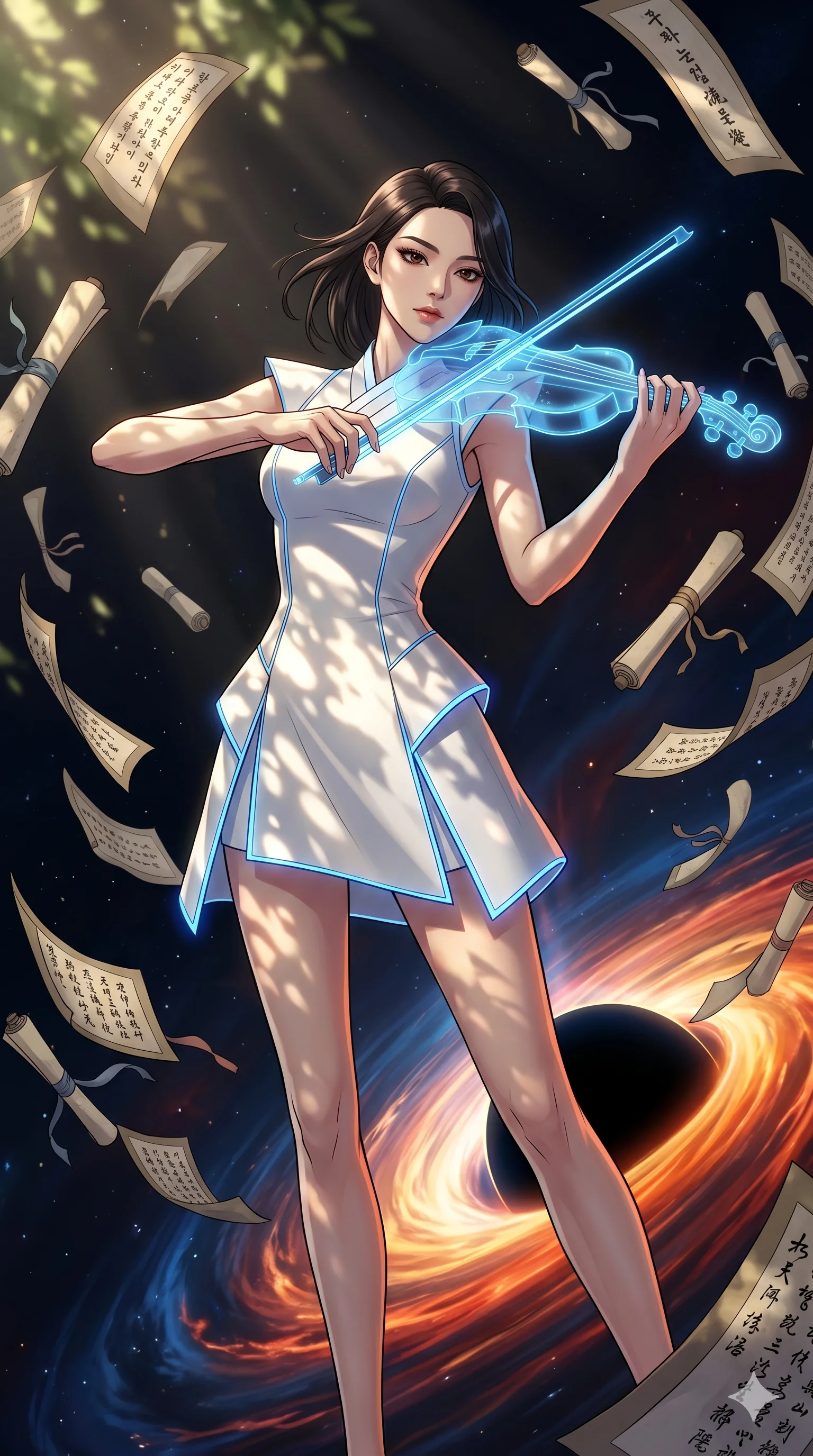 score_9, masterpiece, best quality, ultra-detailed, Set A: High-budget Anime Keyframe, Korean woman. Low angle cowboy shot filling the entire 9:16 frame with her statuesque presence. Theme: Historical Remix. playing a holographic violin in the edge of a black hole, surrounded by a whirlwind of 23 floating ancient scrolls. The atmosphere is filled with cinematic sunlight through leaves. She has an absolutely perfect 8-heads proportion, an exceptionally tall and slender female figure with impossibly long slender legs and an ultra-slim waist. Sharp v-shaped jawline, high-bridge nose, intricate jewel-like eyes with depth, glossy lips. Wearing Minimalist architectural white dress with sharp angles and glowing blue trim. Cinematic lighting, vivid colors, dramatic shadows, 2k, ultra detail, master piece, 9:16 ratio