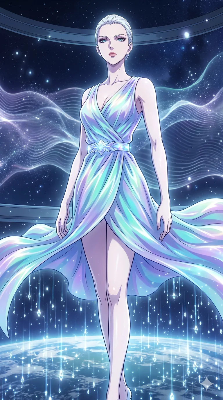 score_9, masterpiece, best quality, ultra-detailed, High-budget Anime Keyframe, vibrant colors, fluid line-art, expressive lighting, cinematic composition, Ufotable-style visual effects, top-tier animation quality, Caucasian woman with pale skin and refined features. Medium shot from the thighs up, her commanding presence occupying two-thirds of the frame. Floating within a high-frequency vibration chamber where the atmosphere becomes visible waves. She has an absolutely perfect 8-heads proportion, an exceptionally tall and slender female figure with impossibly long slender legs and an ultra-slim waist, her statuesque height and towering silhouette dominating the vertical 9:16 frame. Her face is a masterpiece featuring a sharp v-shaped jawline, high-bridge nose, intricate jewel-like eyes with depth, thick eyelashes, and glossy lips with a natural sheen. She is wearing a Iridescent silk wrap-dress that flows like water, secured by a glowing crystalline belt. The scene is set in a celestial terrace overlooking a planet where it rains liquid diamonds. 2k, ultra detail, master piece, 9:16 ratio