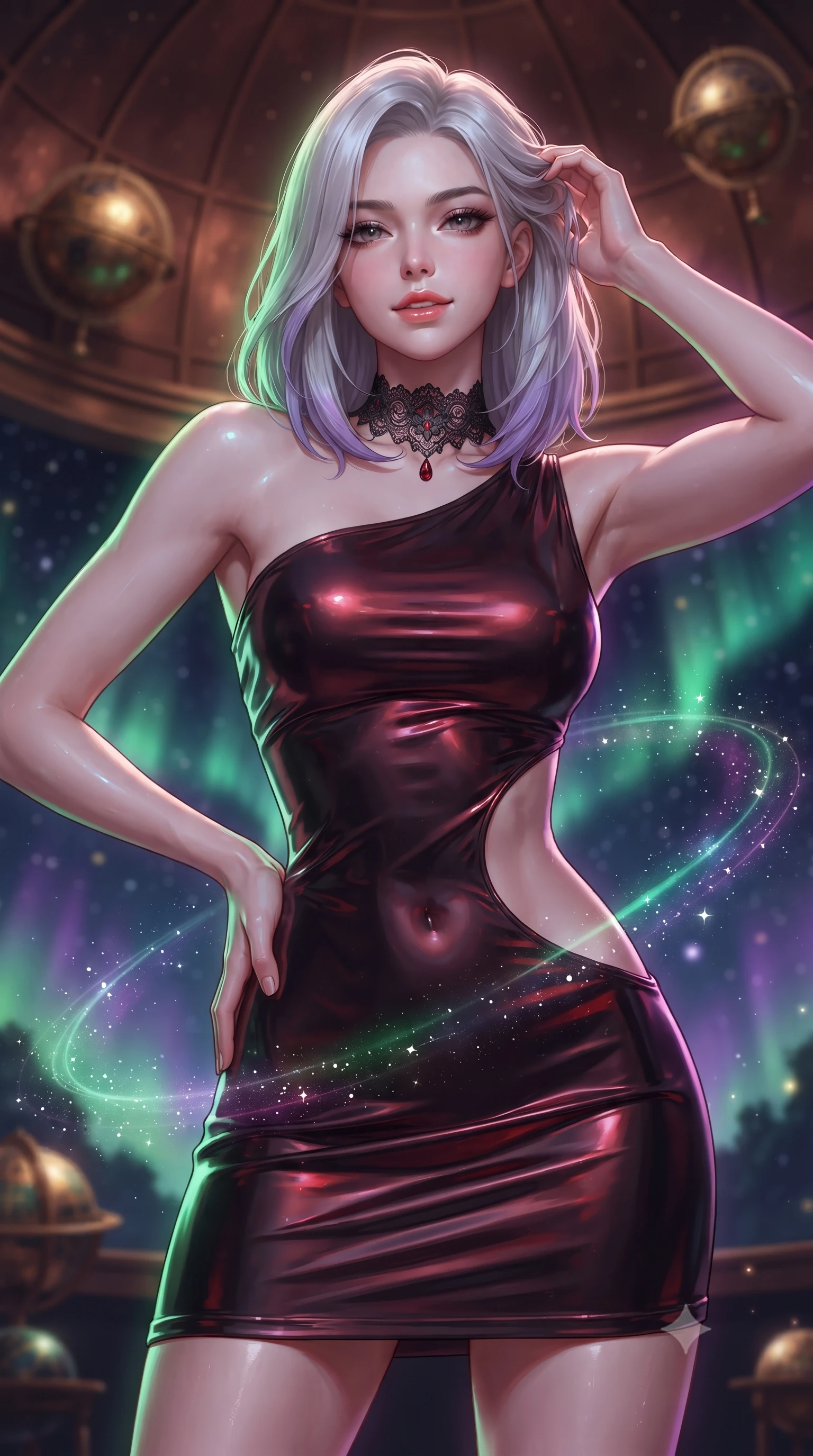 score_9, masterpiece, best quality, ultra-detailed, high-budget anime keyframe, editorial fashion photography, tasteful artistic composition, Caucasian woman. close-up cowboy shot from the waist and thighs up, the character dominates the composition, filling the frame with her large presence. twisting her slender torso in an alluring contrapposto stance, one hand resting on her sculpted hip while her fingers toy with her hair with effortless poise while twisting her slender torso in an alluring S-curve, dancing green and violet aurora ribbons tracing her flat midriff, waist, and hips. The background shows a soft-focus swirling green and violet northern lights across the starry sky, curved copper dome interior, and brass celestial globes blurred into emerald, amethyst, and gold bokeh. She has an exceptionally elegant, slender, and willowy female figure with an ultra-slim waist, flat toned midriff, narrow ribcage, and sculpted feminine hips creating an alluring, slim hourglass silhouette without bulk. sharp v-shaped jawline, high-bridge nose, sparkling eyes with hypnotic seductive depth, thick curled eyelashes, glossy parted lips with a natural dewy peach sheen, alluring bedroom-eyes with an enchanting coquettish smile, exuding magnetic siren charisma and sophisticated glamour, flawlessly proportioned anatomical accuracy, strict slender model proportions, natural body alignment, perfectly sculpted long slender limbs, ultra-slim waistline, clean dynamic posture without body distortion. wearing an asymmetric one-shoulder metallic bordeaux mini dress with a dramatic side cutout hugging her waist and hips in wet-look onyx black with crimson specular reflections, crafted from fluid liquid silk satin that clings smoothly to every curve with a dewy sheen, accented with an ornate black lace Victorian choker featuring a single blood-red teardrop garnet, the form-contouring silhouette accentuating her sculpted flat midriff, narrow delicate ribcage, and gracefully curvy hips with intoxicating allure. bathed in the glowing emerald and violet luminescence of the aurora borealis overhead. ultra-reflective glossy finish, specular highlights, rich textural contrasts, high-contrast stereoscopic depth, volumetric dynamic lighting, 2k, ultra detail, master piece, 9:16 ratio