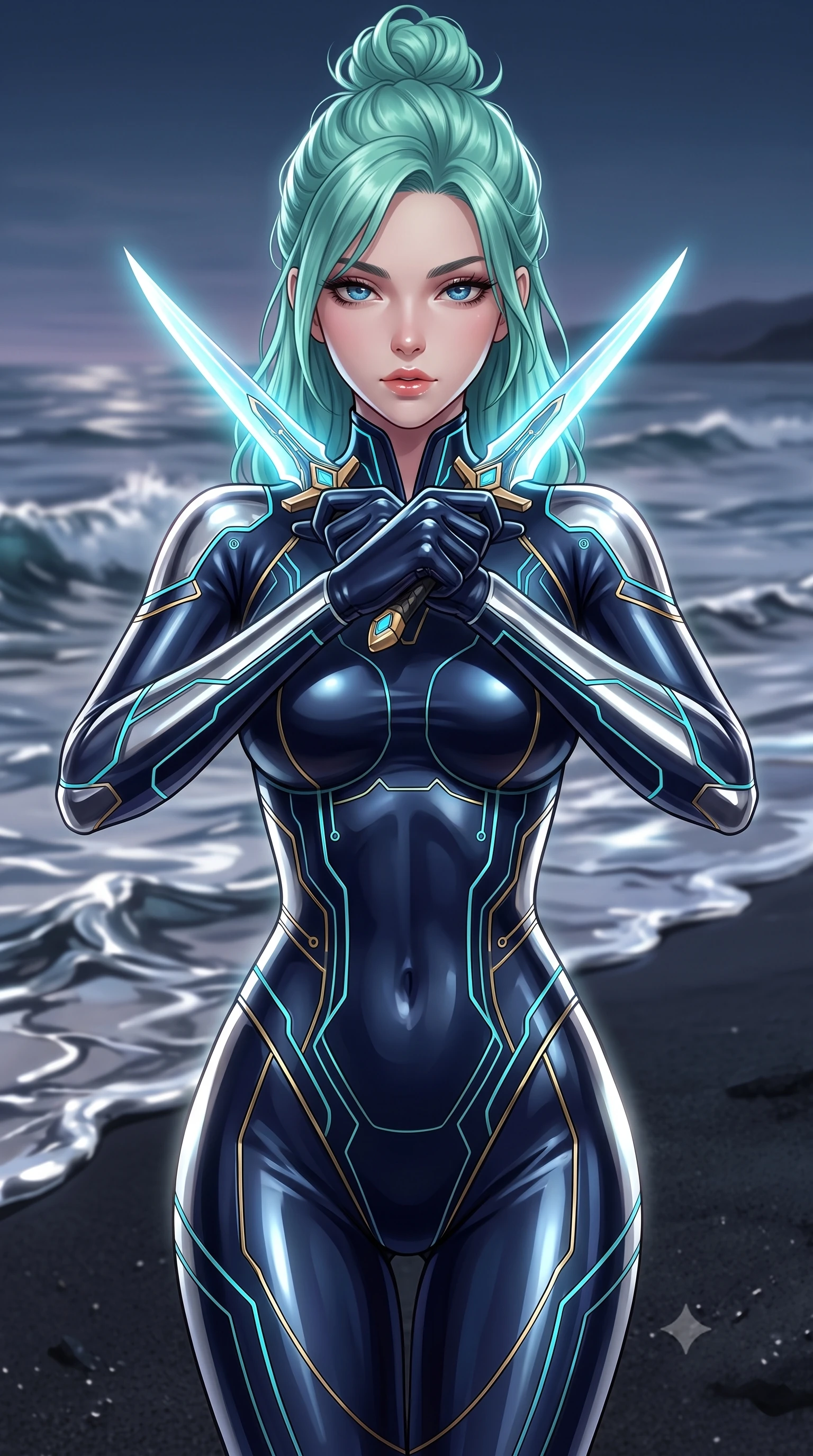 score_9, masterpiece, best quality, ultra-detailed, high-budget anime keyframe, editorial fashion photography, tasteful artistic composition, Japanese woman. close-up cowboy shot from the waist and thighs up, the character dominates the composition, filling the frame with her large presence, background elements kept in soft focus. holding two energy daggers crossed in front of her elegant collarbone, casting a heavy-lidded, sultry look, the background shows a soft-focus a liquid metal ocean coast where waves of chrome mercury lap onto basalt sand. She has an exceptionally elegant, slender, and willowy female figure with an ultra-slim waist, a gracefully sculpted slender torso, and a refined silhouette. sharp v-shaped jawline, high-bridge nose, intricate jewel-like eyes with depth, thick eyelashes, glossy lips with a natural sheen. wearing a form-contouring body-hugging deep navy nano-texturing catsuit decorated with thin, glowing cybernetic circuitry lines. highly reflective chrome-like surface casting a silver rim light on her silhouette. highly saturated vibrant anime colors, detailed shading with soft gradients, rich glossy textures, high-contrast stereoscopic depth, volumetric dynamic lighting, master piece, 9:16 ratio