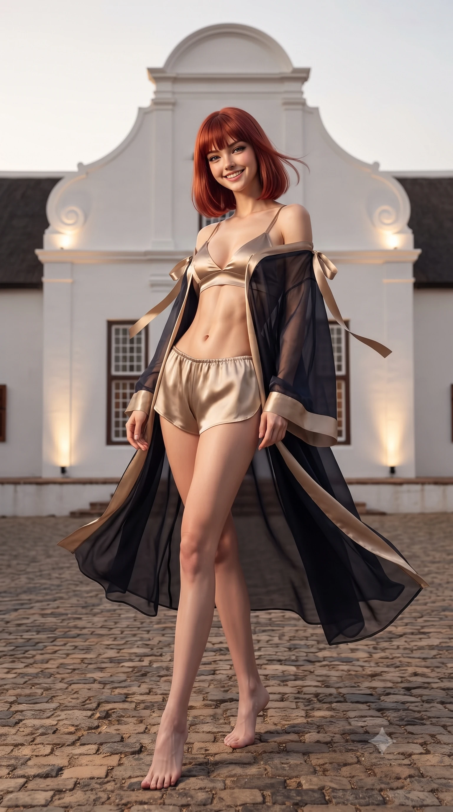score_9, masterpiece, best quality, ultra-detailed, high-budget anime keyframe, editorial fashion photography, tasteful artistic composition, Caucasian woman. low angle full-body shot from head to toe showing her feet, filling the entire 9:16 vertical frame with her statuesque presence, stretching her vertical silhouette. lounging on the lavish daybed with legs crossed and hips angled toward the camera, displaying her toned midriff and long slender limbs with effortless siren poise while standing poised in the cobblestone courtyard before the iconic whitewashed Cape Dutch curvilinear baroque gable, arching her spine with effortless high-fashion elegance. The surrounding environment is rendered in vivid detail and crisp panoramic clarity: detailed garment tailoring, fine fabric drape, and historic Cape Dutch craft in high resolution. She has an exceptionally tall and slender model-like 8.5-heads proportion, an ultra-slim waist, a flat toned midriff, narrow delicate ribcage, and beautifully sculpted feminine hips creating a graceful, slim hourglass silhouette without any bulky heaviness, with impossibly long slender legs. sharp v-shaped jawline, high-bridge nose, intricate jewel-like sparkling eyes with depth, thick eyelashes, glossy parted lips with a natural peach sheen, bright cheerful beaming smile with an enchanting and coquettish sensual glint, exuding both youthful cute charm and seductive allure, flawlessly proportioned anatomical accuracy, strict slender model proportions, natural body alignment, perfectly sculpted long slender limbs, ultra-slim waistline, clean dynamic posture without body distortion. wearing a sheer silk organza modern caftan robe worn loose and slipping off bare shoulders over a matching satin bralette and micro-shorts in deep midnight obsidian black and champagne gold, made of fluid liquid jersey with seamless sculpting hold and smooth contours, finished with satin ribbon ties at the shoulders fluttering in the gentle breeze, the bespoke structured tailoring following the natural line of her 8.5-heads silhouette with refined elegance. bathed in the warm radiant 2100K hearth firelight mixed with soft uplights on whitewashed architectural gables. ultra-reflective glossy finish, specular highlights, rich textural contrasts, high-contrast stereoscopic depth, volumetric dynamic lighting, 2k, ultra detail, master piece, 9:16 ratio