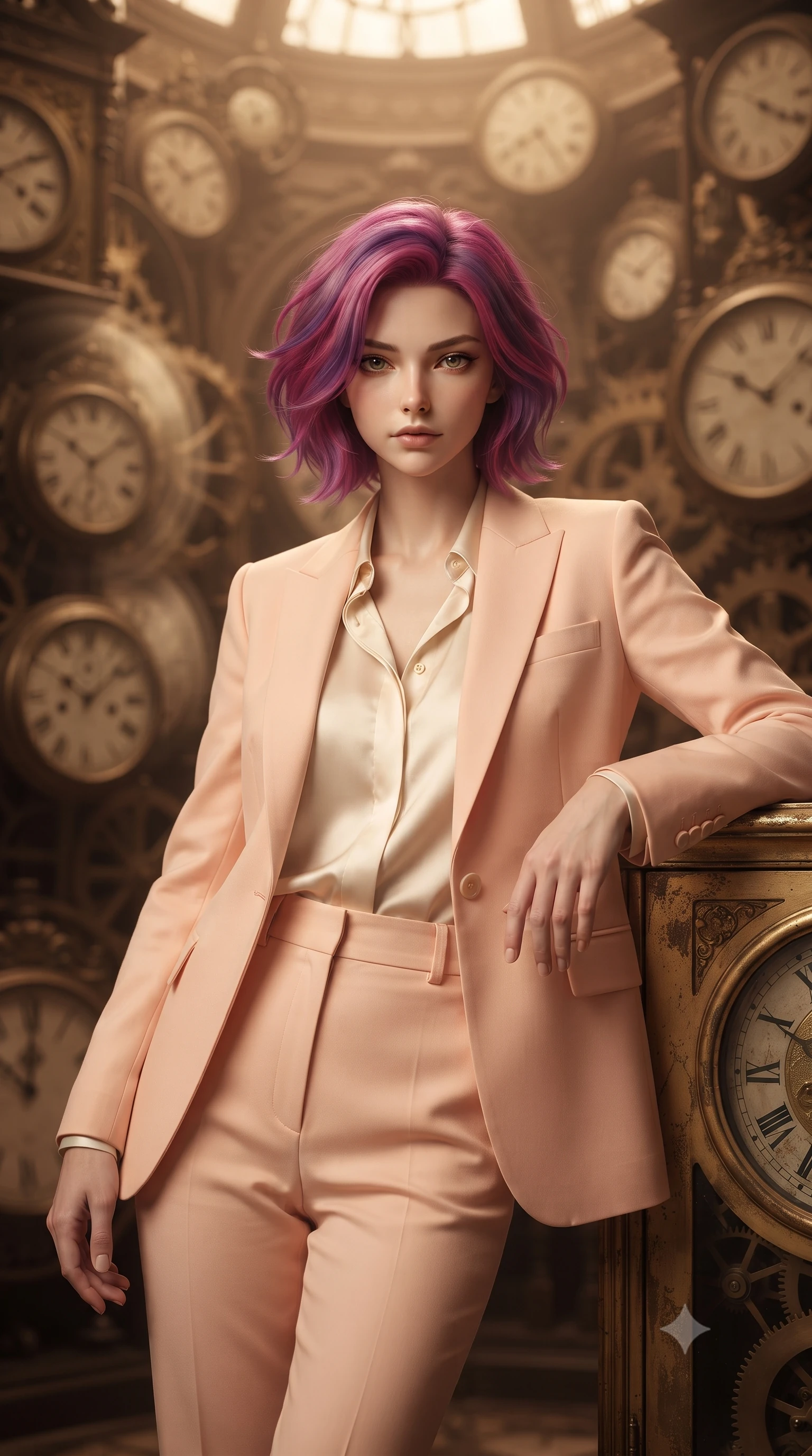 score_9, masterpiece, best quality, ultra-detailed, high-budget anime keyframe, editorial fashion photography, tasteful artistic composition, Caucasian woman, strictly human ears. close-up cowboy shot from the waist and thighs up, the character dominates the composition, filling the frame with her large presence, background elements kept in soft focus. Resting one arm elegantly against a surface with a poised relaxed stance. set against a soft-focus background of inside a tower where time flows at different rates on each level massive ornate clocks running at visibly different speeds with temporal distortion creating ghostly motion-blur halos around objects caught between time streams. She has an exceptionally elegant and slender, willowy female figure with an ultra-slim waist, a gracefully sculpted slender torso, and a refined slim physique. sharp v-shaped jawline, high-bridge nose, intricate jewel-like eyes with depth, thick eyelashes, glossy lips with a natural sheen. wearing a tailored pastel peach pantsuit with a single button, worn over a cream silk blouse. warm sepia-toned light that shifts and pulses at different speeds on each level with golden hour tones stretched and compressed creating temporal light distortions. 2k, ultra detail, master piece, 9:16 ratio