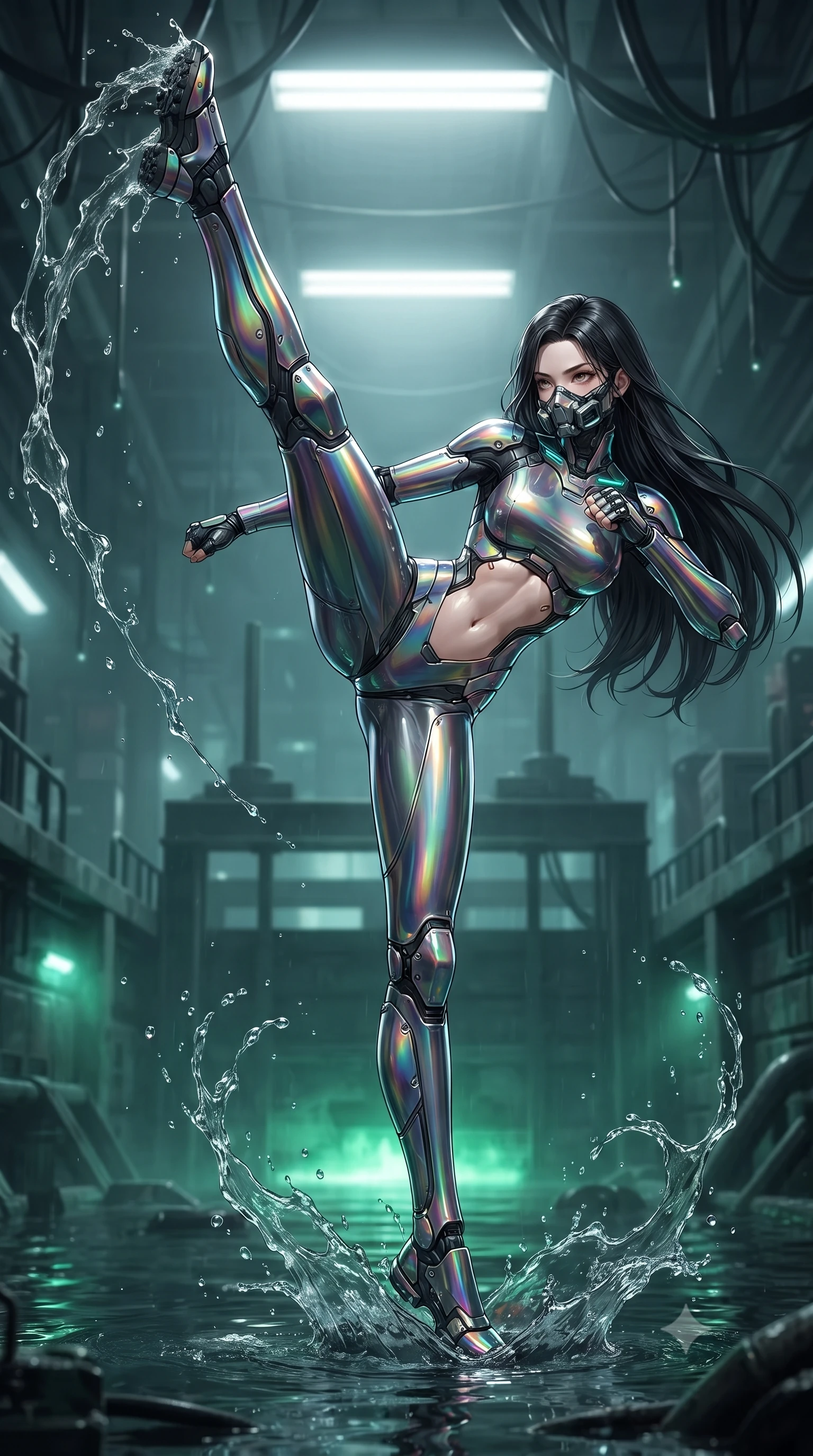 score_9, masterpiece, best quality, ultra-detailed, high-budget anime keyframe, editorial fashion photography, tasteful artistic composition, Korean woman. low angle full-body shot from head to toe showing her feet, filling the entire 9:16 vertical frame with her statuesque presence, stretching her vertical silhouette. executing a breathtaking zero-gravity high-kick with full 180-degree vertical extension, her impossibly long slender legs dominating the frame with razor-sharp poise while executing a soaring 180-degree spinning hook kick above black industrial floodwaters with reinforced kinetic shin guards spraying water arcs. The composition keeps background elements in soft focus with creamy bokeh. submerged industrial sluice gates and dripping overhead conduits softened in atmospheric shallow focus. She has an absolutely perfect, statuesque 8.5-heads proportion, an exceptionally tall and slender model-like female figure with impossibly long slender legs, a toned flat midriff, and an ultra-slim waist. sharp v-shaped jawline, high-bridge nose, intricate jewel-like eyes with depth, thick eyelashes, glossy lips with a natural sheen, fierce and resolute heroine expression, flawlessly proportioned anatomical accuracy, strict slender model proportions, natural body alignment, perfectly sculpted long slender limbs, ultra-slim waistline, clean dynamic posture without body distortion. wearing a sleek titanium half-face combat rebreather guard protecting her lower jaw while leaving her expressive eyes and long hair flowing freely, paired with an ultra-sleek high-gloss carbon-composite exoskeleton suit featuring kinetic shock-absorbing shin guards and flexible limb articulation joints in high-gloss iridescent rainbow carbon with scorched titanium plating, made of lightweight aerodynamic carbon-titanium alloy with precision-beveled armor seams, featuring a sleek aerodynamic collar framed by subtle glowing cybernetic status LEDs, the precision-cut daring openings accentuating her delicate midriff, graceful bare collarbones, and ultra-slim feminine waistline. bathed in eerie emerald biochemical uplights and cold white fluorescent ceiling spotlights. ultra-reflective glossy finish, specular highlights, dark metallic sheen, high-contrast stereoscopic depth, volumetric dynamic lighting, 2k, ultra detail, master piece, 9:16 ratio