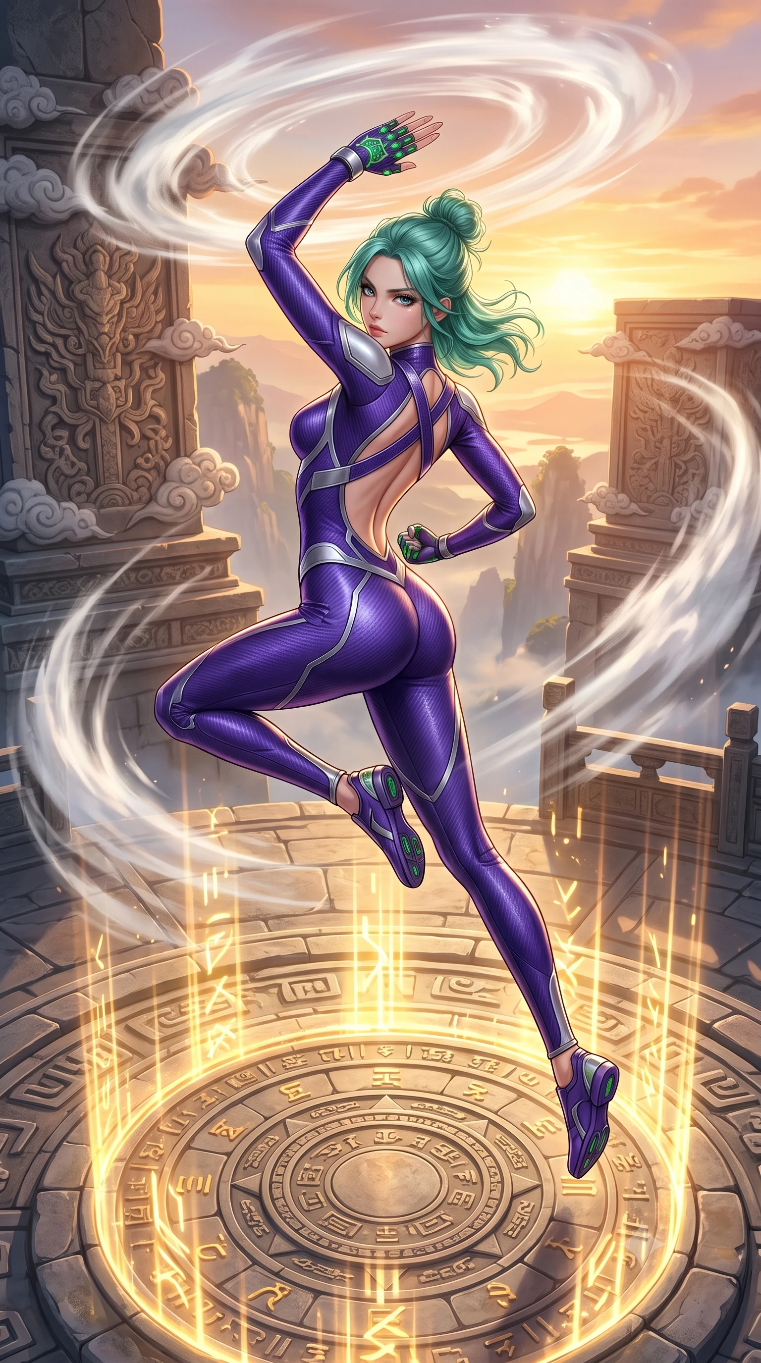 score_9, masterpiece, best quality, ultra-detailed, high-budget anime keyframe, semi-realistic 3D game render, editorial fashion photography, tasteful artistic composition, Japanese woman. low angle full-body shot from head to toe showing her feet, filling the entire 9:16 vertical frame with her statuesque presence, stretching her vertical silhouette. leaping into mid-air with an athletic yet alluring arch of her spine, driving a downward kinetic strike surrounded by a ring of displaced air while pivoting dynamically on a circular stone glyph platform as she unleashes a high-frequency vibration palm strike into the open air. The surrounding environment is rendered in vivid detail and crisp panoramic clarity. intricate kinetic palm plate engravings, stone altar reliefs, and cloud vapor crests in high resolution. She has an absolutely perfect, statuesque 8.5-heads proportion, an exceptionally tall and slender model-like female figure with impossibly long slender legs, a toned flat midriff, and an ultra-slim waist. sharp v-shaped jawline, high-bridge nose, intricate jewel-like eyes with depth, thick eyelashes, glossy lips with a natural sheen, flawlessly proportioned anatomical accuracy, strict slender model proportions, natural body alignment, perfectly sculpted long slender limbs, ultra-slim waistline, clean dynamic posture without body distortion. wearing a precision-fitted royal purple carbon-fiber martial arts suit with silver accents and glowing micro-circuit knuckle plating in emerald green carbon composite with glowing lime laser channels, made of lightweight aerodynamic carbon-titanium alloy with polished edge bevels, complemented by criss-cross back harness straps highlighting her completely bare spine, the glove-like aerodynamic second-skin fit tightly clinging to her ultra-slender waist and athletic curves without adding bulk, accentuating her razor-sharp statuesque lines and slim hourglass silhouette. bathed in radiant golden holographic rune uplights and warm sunset horizon fill light. rich saturated anime colors with glowing neon highlights, detailed shading with soft gradients, rich glossy textures, high-contrast stereoscopic depth, volumetric dynamic lighting, master piece, 9:16 ratio