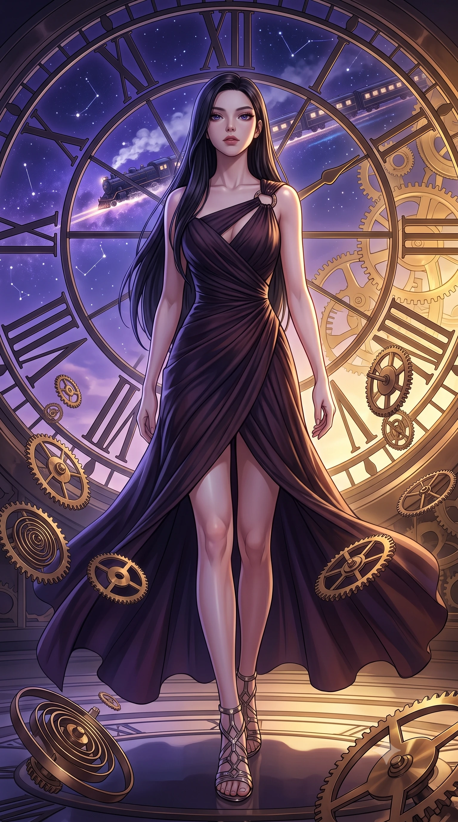 score_9, masterpiece, best quality, ultra-detailed, high-budget anime keyframe, editorial fashion photography, tasteful artistic composition, Korean woman. low angle full-body shot from head to toe showing her feet, filling the entire 9:16 vertical frame with her statuesque presence, stretching her vertical silhouette. stepping forward with proud posture, filling the vertical frame with her magnetic presence gazing out a massive circular clock window at a twilight galaxy express train, floating brass gears and clocksprings casting intricate metallic reflections. She has an absolutely perfect, statuesque 8.5-heads proportion, an exceptionally tall and slender model-like female figure with impossibly long slender legs and an ultra-slim waist. sharp v-shaped jawline, high-bridge nose, intricate jewel-like eyes with depth, thick eyelashes, glossy lips with a natural sheen. wearing an elegant Grecian draped chiffon gown with an asymmetrical shoulder strap and ring detail, the tailored fabric tightly following every curve of her athletic build. lit by a contrast of deep violet sky and radiant golden mechanical light. highly saturated vibrant anime colors, detailed shading with soft gradients, rich glossy textures, high-contrast stereoscopic depth, volumetric dynamic lighting, master piece, 9:16 ratio