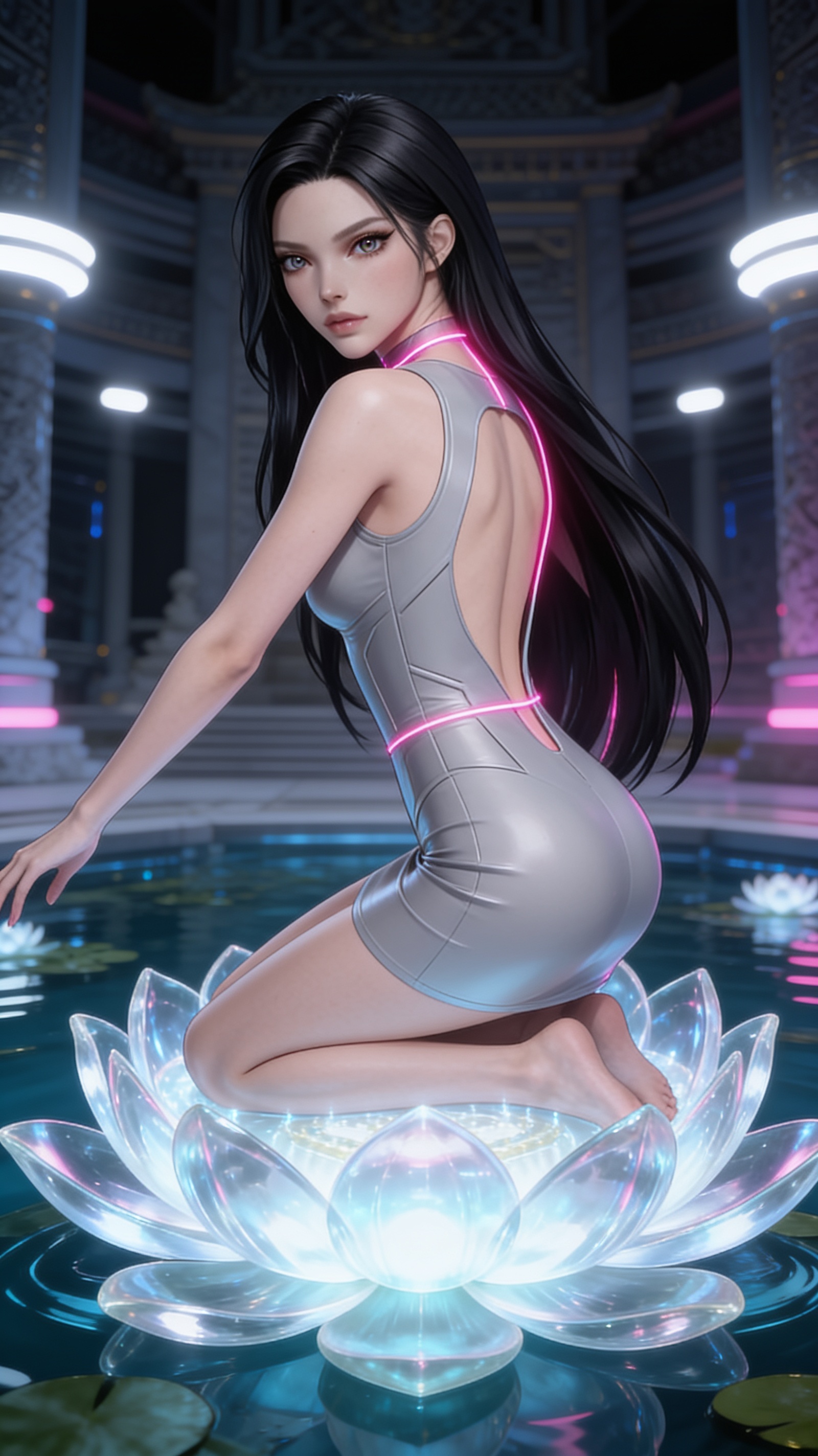 score_9, masterpiece, best quality, ultra-detailed, high-budget anime keyframe, editorial fashion photography, tasteful artistic composition, Korean woman. Upper body close-up from the thighs up, character filling the screen for maximum presence. She is kneeling on a giant glowing glass lotus blossom floating in a tech-temple pond. She stretches forward with an alluring arch of her spine, glancing over her shoulder with thick eyelashes. She has an absolutely perfect 8-heads proportion, an exceptionally tall and slender female figure with impossibly long slender legs and an ultra-slim waist. V-shaped jawline, high-bridge nose, intricate jewel-like eyes with depth, thick eyelashes, glossy lips with a natural sheen. She is wearing a second-skin fashion-latex mini dress with a clean architectural front, featuring an open-back design that wraps around the sides of her waist, showcasing her slender silhouette. The scene is illuminated by soft glowing white ambient lights and sharp pink side key lights tracing her neck and waist. 2k, ultra detail, master piece, 9:16 ratio