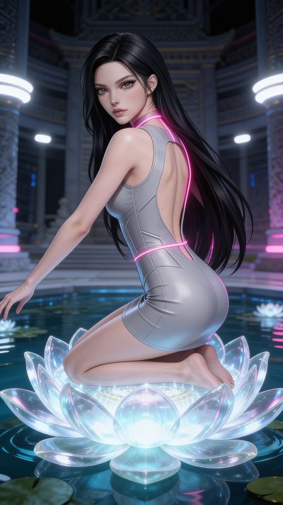 score_9, masterpiece, best quality, ultra-detailed, high-budget anime keyframe, editorial fashion photography, tasteful artistic composition, Korean woman. Upper body close-up from the thighs up, character filling the screen for maximum presence. She