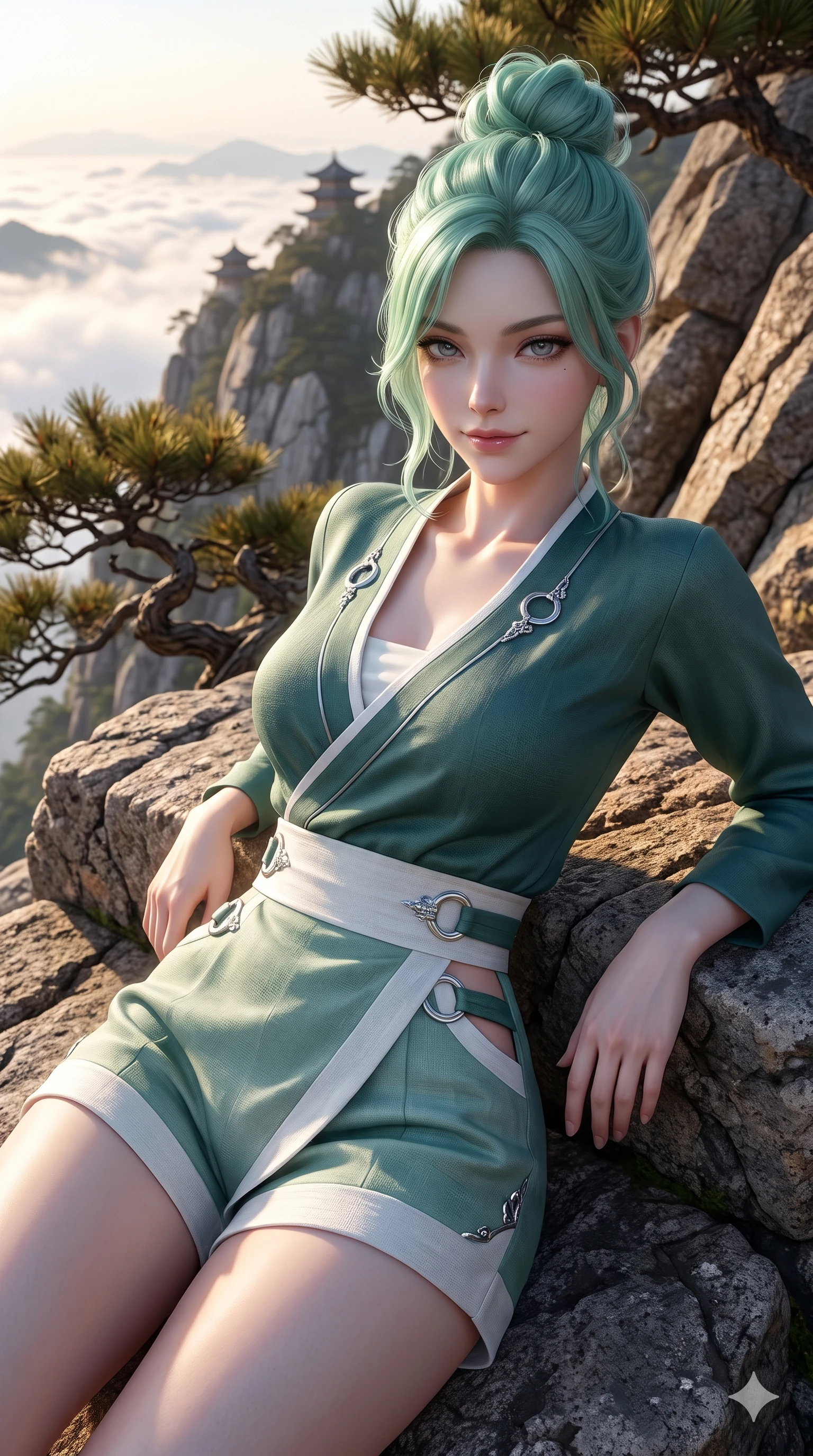 score_9, masterpiece, best quality, ultra-detailed, high-budget anime keyframe, semi-realistic 3D game render, editorial fashion photography, tasteful artistic composition, Japanese woman. close-up cowboy shot from the waist and thighs up, the character dominates the composition, filling the frame with her large presence. leaning forward while arching her lower back to accentuate her curvy hips, looking into the camera with an intoxicating smoldering gaze and bedroom-eyes while lounging back against the smooth granite rock propped on both elbows, her flat midriff and long slender legs commanding the panoramic mountain vista. The surrounding environment is rendered in vivid detail and crisp panoramic clarity: sharp fractured granite rock strata, twisted pine needle clusters, and distant pagoda roofline silhouettes in deep focus. She has an exceptionally elegant, slender, and willowy female figure with an ultra-slim waist, flat toned midriff, narrow ribcage, and sculpted feminine hips creating an alluring, slim hourglass silhouette without bulk. sharp v-shaped jawline, high-bridge nose, sparkling eyes with hypnotic seductive depth, thick curled eyelashes, glossy parted lips with a natural dewy peach sheen, alluring bedroom-eyes with an enchanting coquettish smile, exuding magnetic siren charisma and sophisticated glamour, flawlessly proportioned anatomical accuracy, strict slender model proportions, natural body alignment, perfectly sculpted long slender limbs, ultra-slim waistline, clean dynamic posture without body distortion. wearing a deep V-neck wrap jeogori blouse layered over an opaque silk bandeau and high-waisted wrap shorts in moonlit jade green and pure alabaster white with silver accents, woven from bespoke Korean ramie fabric with crisp tactile slub texture, accented with sculptural chrome hardware rings framing the subtle cutouts, the liquid-tight tailored fabric clinging flawlessly to her narrow waist and rounded feminine hips, emphasizing every millimeter of her sculpted slim hourglass curves without any bulky heaviness. illuminated by cloud sea upward bounce and sharp silver-topaz rim lights defining her razor-sharp jawline, narrow waist, and curvy hips. highly saturated vibrant anime colors, detailed shading with soft gradients, rich glossy textures, high-contrast stereoscopic depth, volumetric dynamic lighting, master piece, 9:16 ratio