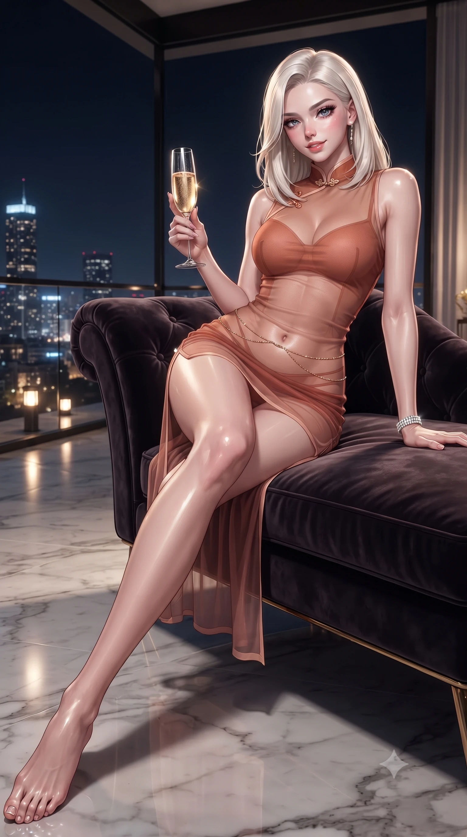 score_9, masterpiece, best quality, ultra-detailed, high-budget anime keyframe, editorial fashion photography, tasteful artistic composition, Caucasian woman. low angle full-body shot from head to toe showing her feet, filling the entire 9:16 vertical frame with her statuesque presence, stretching her vertical silhouette. reclining gracefully across the plush chaise lounge with one leg extended, her sculpted silhouette and flat midriff radiating magnetic nocturnal glamour while sitting perched on the outdoor velvet lounger with legs extended, holding a flute of vintage champagne with magnetic sovereign poise. The surrounding environment is rendered in vivid detail and crisp panoramic clarity: detailed wet-look liquid vinyl column dress cling, diamond tennis bracelet gleam, and luxury penthouse styling in razor-sharp precision. She has an absolutely perfect, statuesque 8.5-heads proportion, an exceptionally tall and slender model-like female figure with impossibly long slender legs, an ultra-slim waist, a flat toned midriff, narrow delicate ribcage, and beautifully sculpted feminine hips creating a graceful, slim hourglass silhouette without any bulky heaviness. sharp v-shaped jawline, high-bridge nose, sparkling eyes with hypnotic seductive depth, thick curled eyelashes, glossy parted lips with a natural dewy peach sheen, alluring bedroom-eyes with an enchanting coquettish smile, exuding magnetic siren charisma and sophisticated glamour, flawlessly proportioned anatomical accuracy, strict slender model proportions, natural body alignment, perfectly sculpted long slender limbs, ultra-slim waistline, clean dynamic posture without body distortion. wearing a modern cheongsam-inspired form-fitting sheer mesh cocktail dress with mandarin collar and dramatic hip-high side slits in Positano terracotta and blush peach, made of sheer gossamer chiffon that drapes softly against skin with airy translucence, accented with a dainty gold belly chain resting across her flat midriff and curving hips, the glove-like clinging cut tightly following the natural contour of her hips and long slender legs with youthful 8.5-heads elegance. illuminated by terrace marble reflection fill and sharp champagne-gold rim lights defining her delicate clavicles, ultra-slim waist, and curvy hips. ultra-reflective glossy finish, specular highlights, rich textural contrasts, high-contrast stereoscopic depth, volumetric dynamic lighting, 2k, ultra detail, master piece, 9:16 ratio