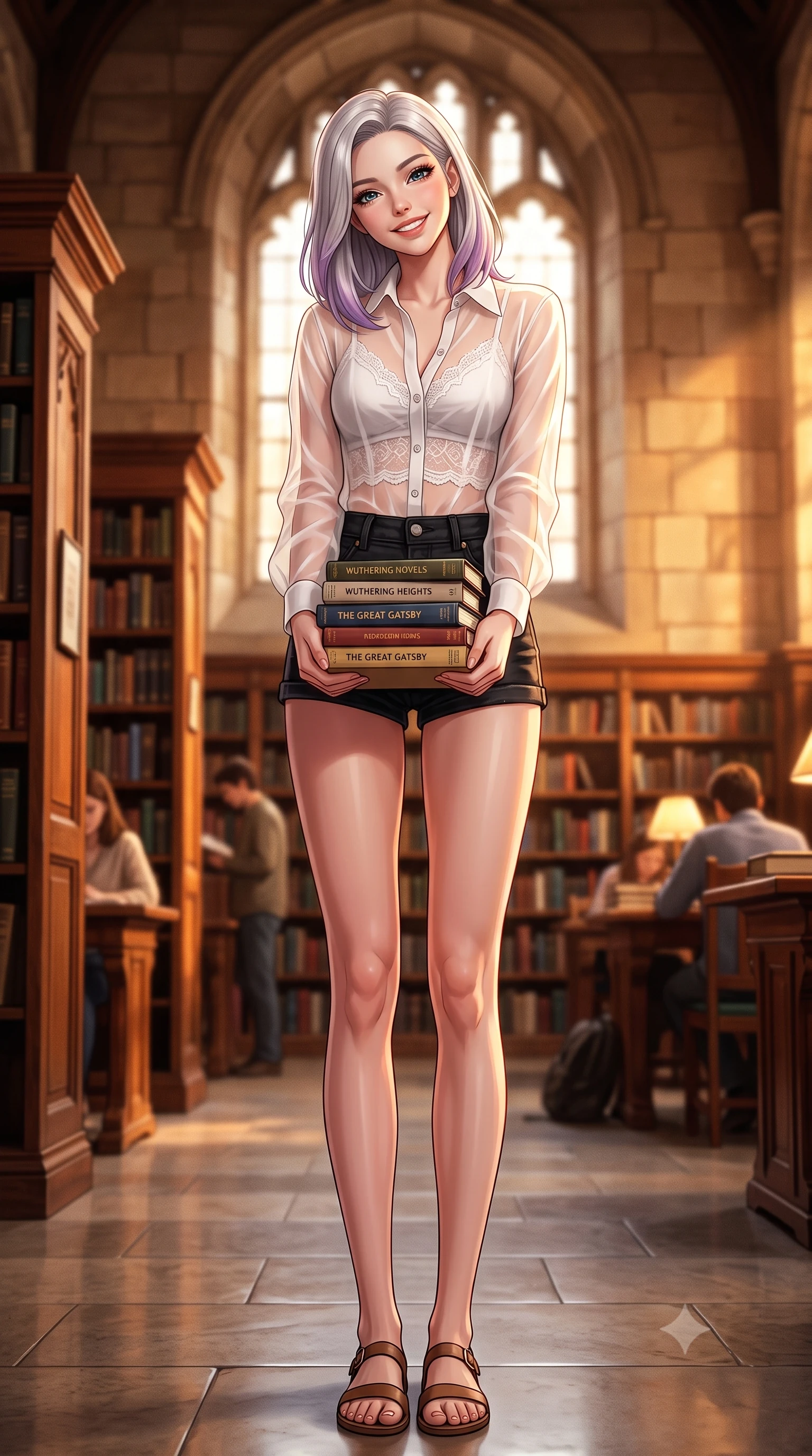 score_9, masterpiece, best quality, ultra-detailed, high-budget anime keyframe, editorial fashion photography, tasteful artistic composition, Caucasian woman. low angle full-body shot from head to toe showing her feet, filling the entire 9:16 vertical frame with her statuesque presence, stretching her vertical silhouette. standing with a cute, bright pose, tilting her head with a beaming smile set against a soft-focus background of inside a historic municipal library room with arched stone windows holding a small stack of classic novels with a bright, proud look. She has an absolutely perfect, statuesque 8.5-heads proportion, an exceptionally tall and slender model-like female figure with impossibly long slender legs and an ultra-slim waist. sharp v-shaped jawline, high-bridge nose, intricate jewel-like eyes with depth, thick eyelashes, glossy lips with a natural sheen. wearing body-hugging sheer organza button-up shirt worn over a lace-accented crop top and high-waist mini shorts. cozy golden hour sunset light illuminating the dusty bookshelves with a warm glow. highly saturated vibrant anime colors, detailed shading with soft gradients, rich glossy textures, high-contrast stereoscopic depth, volumetric dynamic lighting, master piece, 9:16 ratio