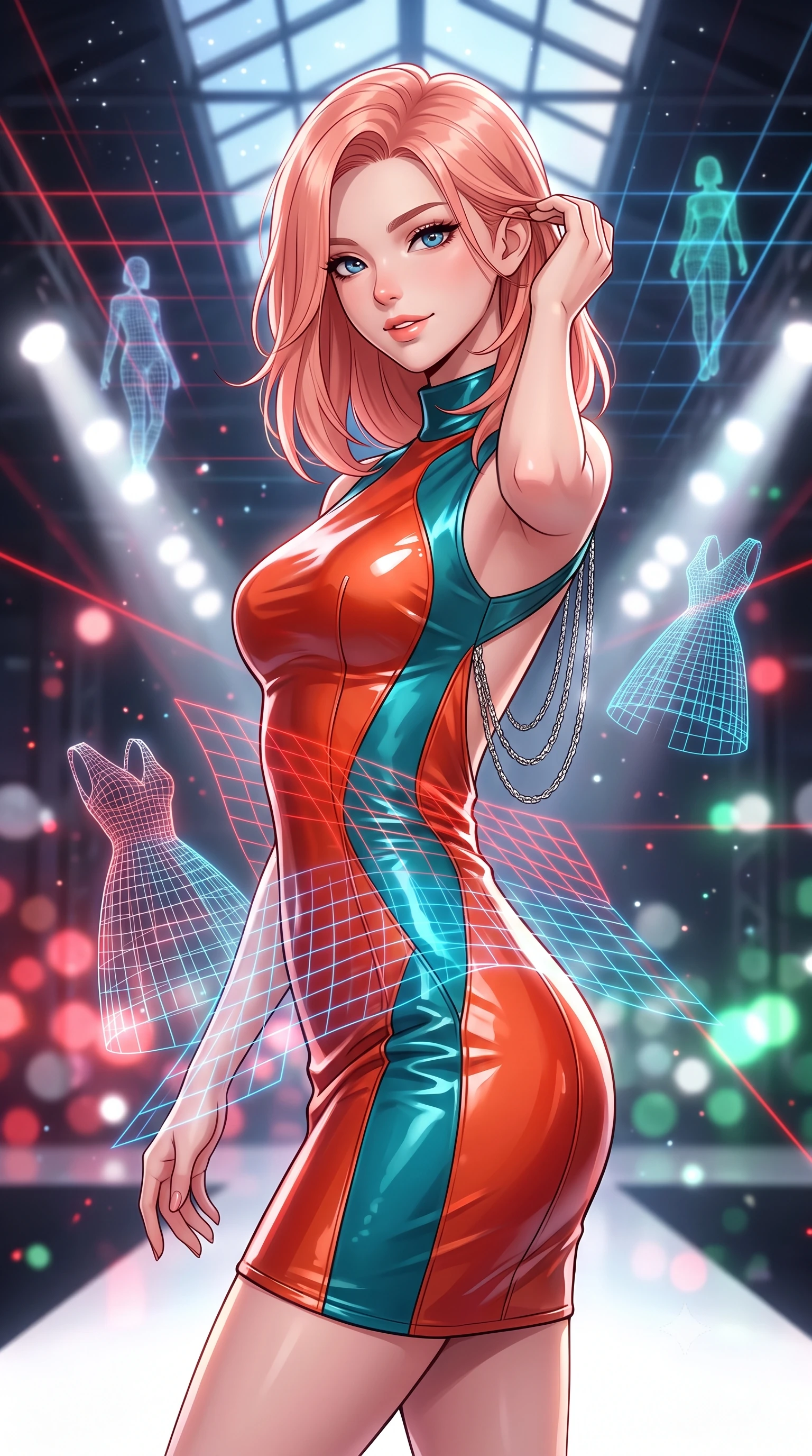 score_9, masterpiece, best quality, ultra-detailed, high-budget anime keyframe, editorial fashion photography, tasteful artistic composition, Japanese woman. close-up cowboy shot from the waist and thighs up, the character dominates the composition, filling the frame with her large presence. gently brushing a lock of hair behind her ear while casting a playful, flirtatious side-gaze with long eyelashes while twisting her slender torso in an alluring S-curve as holographic wireframe dresses float around her, laser grids tracing her flat midriff and hips. The background shows a soft-focus floating geometric laser grids, holographic runway model projections, and industrial warehouse skylights under starlight blurred into ruby, platinum, and emerald bokeh. She has an exceptionally elegant, slender, and willowy female figure with an ultra-slim waist, flat toned midriff, narrow ribcage, and sculpted feminine hips creating an alluring, slim hourglass silhouette without bulk. sharp v-shaped jawline, high-bridge nose, intricate jewel-like sparkling eyes with depth, thick eyelashes, glossy parted lips with a natural peach sheen, bright cheerful beaming smile with an enchanting and coquettish sensual glint, exuding both youthful cute charm and seductive allure, flawlessly proportioned anatomical accuracy, strict slender model proportions, natural body alignment, perfectly sculpted long slender limbs, ultra-slim waistline, clean dynamic posture without body distortion. wearing an ultra-sleek high-gloss patent leather sheath dress contouring her ultra-slim waistline and feminine hips in cyber-shinto vermilion and electric teal, crafted from bespoke double-faced cashmere with an exceptionally soft tactile finish, accented with an open-back drape framed by falling strands of delicate chrome chains, the impeccably tailored cut draping gracefully along her slender figure with aristocratic poise. bathed in high-contrast crisp white 5000K runway spotlights contrasted with subtle red ambient laser ribbons. ultra-reflective glossy finish, specular highlights, rich textural contrasts, high-contrast stereoscopic depth, volumetric dynamic lighting, 2k, ultra detail, master piece, 9:16 ratio