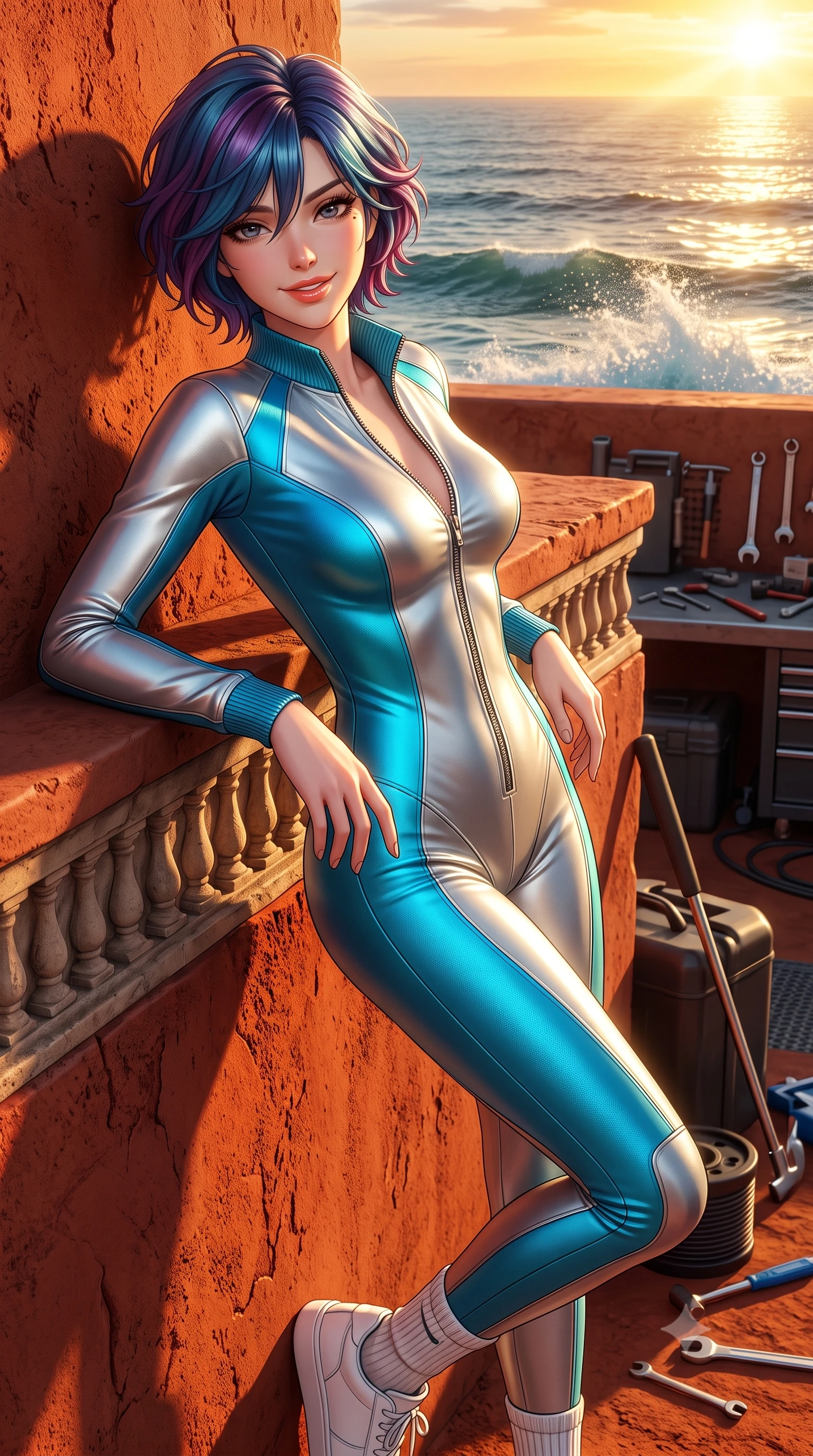 score_9, masterpiece, best quality, ultra-detailed, high-budget anime keyframe, semi-realistic 3D game render, editorial fashion photography, tasteful artistic composition, Korean woman. close-up cowboy shot from the waist and thighs up, the character dominates the composition, filling the frame with her large presence. leaning back against the pit wall with relaxed seductive grace, her flat midriff and narrow waist highlighted as sunlight traces her curves while twisting her slender torso in an alluring contrapposto stance, salty ocean spray and sunset breezes molding her pleated skirt to her hips. The surrounding environment is rendered in vivid detail and crisp panoramic clarity: sharp red clay surface texture, stone balustrade relief, and ocean wave crest clarity in deep focus. She has an exceptionally elegant, slender, and willowy female figure with an ultra-slim waist, flat toned midriff, narrow ribcage, and sculpted feminine hips creating an alluring, slim hourglass silhouette without bulk. sharp v-shaped jawline, high-bridge nose, sparkling eyes with athletic focus and depth, thick curled eyelashes, glossy parted lips with a natural coral-peach sheen, bright confident and coquettish smile with alluring bedroom-eyes, exuding both youthful sporty vigor and sovereign high-society glamour, flawlessly proportioned anatomical accuracy, strict slender model proportions, natural body alignment, perfectly sculpted long slender limbs, ultra-slim waistline, clean dynamic posture without body distortion. wearing a modern paddock jumpsuit with zip-down front collar and high-cut leg openings in sleek stretch jersey in metallic liquid silver and electric cyan, made of second-skin technical compression piqué knit with moisture-wicking stretch, complemented by ribbed knit crew socks and clean white designer court sneakers, the glove-like aerodynamic silhouette tightly following the natural contour of her hips and long slender legs with youthful 8.5-heads elegance. bathed in intense golden sunset rays breaking horizontally across the Atlantic Ocean. highly saturated vibrant anime colors, detailed shading with soft gradients, rich glossy textures, high-contrast stereoscopic depth, volumetric dynamic lighting, master piece, 9:16 ratio
