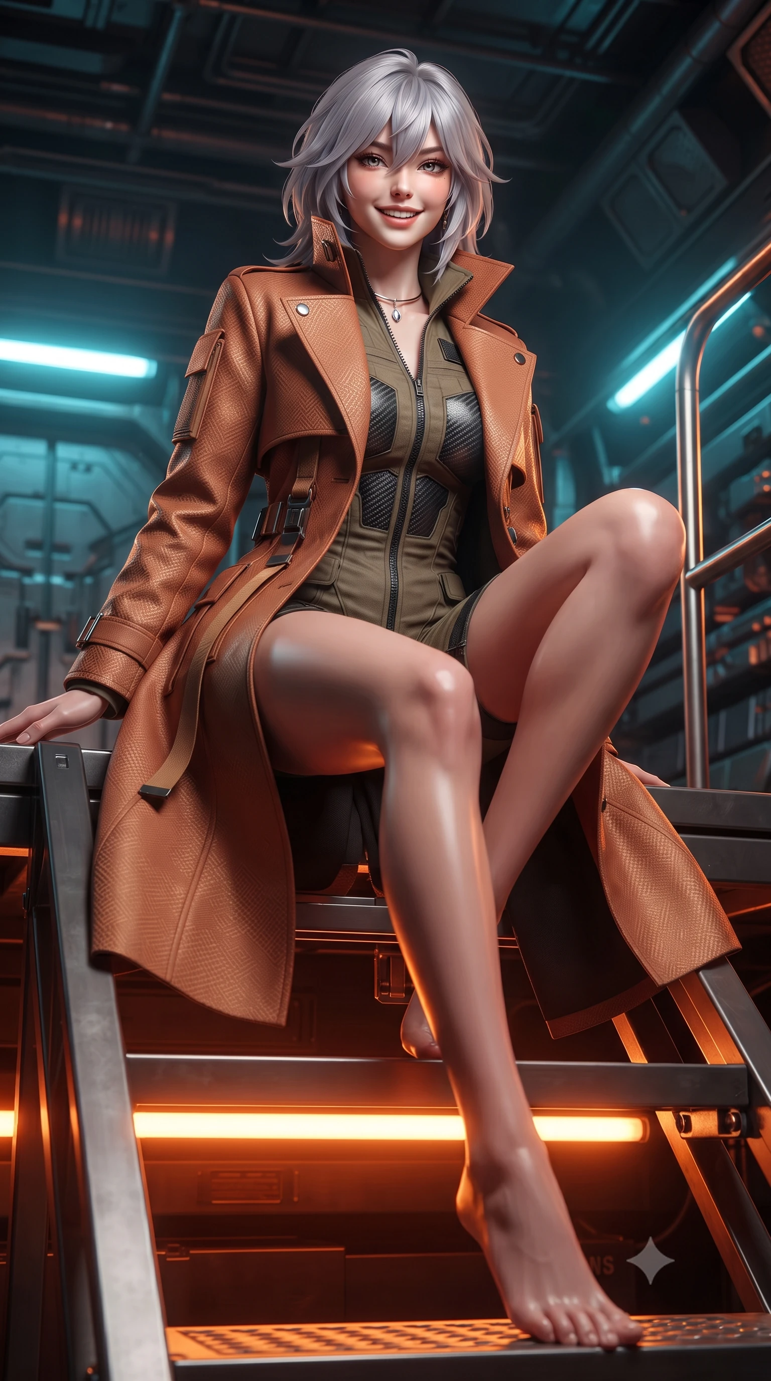 score_9, masterpiece, best quality, ultra-detailed, high-budget anime keyframe, editorial fashion photography, tasteful artistic composition, Japanese woman. low angle full-body shot from head to toe showing her feet, filling the entire 9:16 vertical frame with her statuesque presence, stretching her vertical silhouette. reclining gracefully across the plush chaise lounge with one leg extended, her sculpted silhouette and flat midriff radiating magnetic nocturnal glamour while sitting poised on the elevated titanium gantry step with one knee bent, arching her back with confident combat poise and parted glossy lips. The surrounding environment is rendered in vivid detail and crisp panoramic clarity: detailed tactical flight jumpsuit texture, carbon-fiber armor seams, and military aerospace carrier engineering in high resolution. She has an exceptionally tall and slender model-like 8.5-heads proportion, an ultra-slim waist, a flat toned midriff, narrow delicate ribcage, and beautifully sculpted feminine hips creating a graceful, slim hourglass silhouette without any bulky heaviness, with impossibly long slender legs. sharp v-shaped jawline, high-bridge nose, intricate jewel-like sparkling eyes with depth, thick eyelashes, glossy parted lips with a natural peach sheen, bright cheerful beaming smile with an enchanting and coquettish sensual glint, exuding both youthful cute charm and seductive allure, flawlessly proportioned anatomical accuracy, strict slender model proportions, natural body alignment, perfectly sculpted long slender limbs, ultra-slim waistline, clean dynamic posture without body distortion. wearing a bespoke tactical commander trench coat in matte carbon-weave with magnetic utility buckles, storm flaps, and high standing collar in Martian desert terracotta and dust-storm gold, woven from structured carbon-fiber jacquard with rich textural depth, finished with a minimalist chrome choker and a single teardrop diamond pendant, the bespoke structured tailoring following the natural line of her 8.5-heads silhouette with refined elegance. bathed in high-voltage orange runway guide strobes contrasted with cold electric-cyan magnetic coil pulses. ultra-reflective glossy finish, specular highlights, rich textural contrasts, high-contrast stereoscopic depth, volumetric dynamic lighting, 2k, ultra detail, master piece, 9:16 ratio