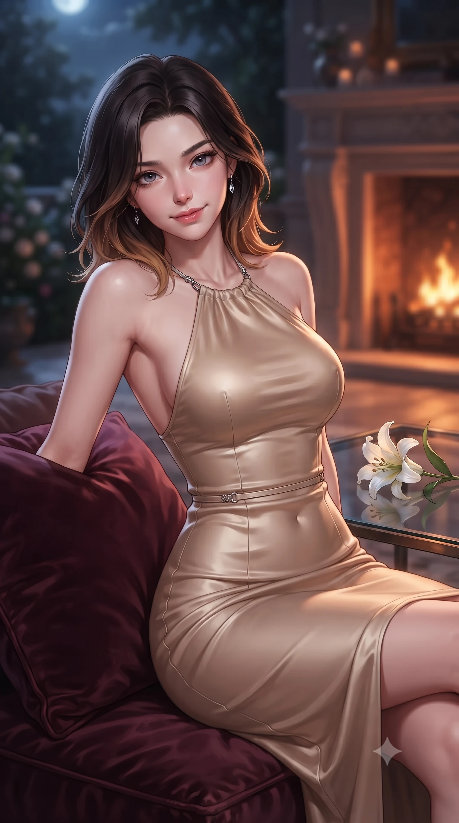 score_9, masterpiece, best quality, ultra-detailed, high-budget anime keyframe, editorial fashion photography, tasteful artistic composition, Korean woman. close-up cowboy shot from the waist and thighs up, the character dominates the composition, filling the frame with her large presence, background elements kept in soft focus. arching her back slightly while resting her elbow on a plush cushion, flashing a soft, sensual half-smile set against a soft-focus background of inside an exclusive moonlit garden terrace with a single long-stemmed white lily resting against a polished glass surface. She has an exceptionally elegant, slender, and willowy female figure with an ultra-slim waist, a gracefully sculpted slender torso, and a refined silhouette. sharp v-shaped jawline, high-bridge nose, intricate jewel-like eyes with depth, thick eyelashes, glossy lips with a natural sheen. wearing body-hugging warm beige liquid satin form-contouring cashmere halter dress tracing her statuesque physique accented with delicate silver hardware. bathed in cozy, flickering fireplace light that paints the room in a warm orange wash. highly saturated vibrant anime colors, detailed shading with soft gradients, rich glossy textures, high-contrast stereoscopic depth, volumetric dynamic lighting, master piece, 9:16 ratio