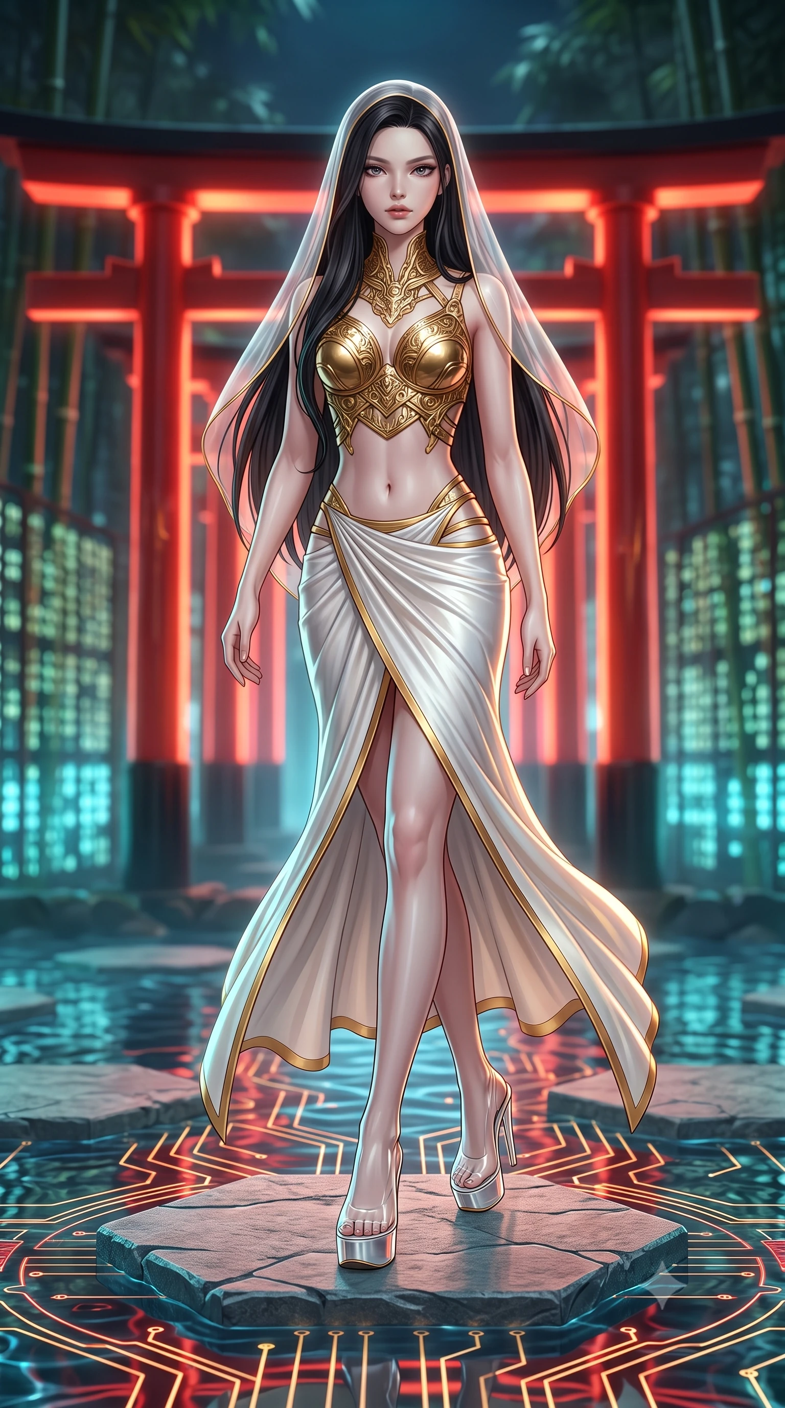 score_9, masterpiece, best quality, ultra-detailed, high-budget anime keyframe, editorial fashion photography, tasteful artistic composition, Korean woman. low angle full-body shot from head to toe showing her feet, filling the entire 9:16 vertical frame with her statuesque presence, stretching her vertical silhouette. striding forward with commanding supermodel grace, her 8.5-heads statuesque silhouette dominating the vertical frame from head to toe while pivoting dynamically on a floating hexagonal stone platform as glowing red and gold circuit lines ripple through the water. The composition keeps background elements in soft focus with creamy bokeh. digital water ripple grids and distant bamboo cyber-screens softened by shallow depth of field. She has an absolutely perfect, statuesque 8.5-heads proportion, an exceptionally tall and slender model-like female figure with impossibly long slender legs, a toned flat midriff, and an ultra-slim waist. sharp v-shaped jawline, high-bridge nose, intricate jewel-like eyes with depth, thick eyelashes, glossy lips with a natural sheen, flawlessly proportioned anatomical accuracy, strict slender model proportions, natural body alignment, perfectly sculpted long slender limbs, ultra-slim waistline, clean dynamic posture without body distortion. wearing an ethereal translucent cyber-veil paired with a sculpted golden mechanical cuirass and high-fashion draped silk skirt in pristine liquid pearl white and radiant solar gold trim, made of liquid jersey fabric that clings flawlessly to every contour of her build, complemented by criss-cross back straps highlighting her completely bare spine, the form-contouring material adhering flawlessly to her sculpted flat midriff and slender torso, emphasizing her long leg lines and perfectly proportioned willowy build. bathed in glowing scarlet torii gate backlighting and aquatic cyan matrix uplights. ultra-reflective glossy finish, specular highlights, dark metallic sheen, high-contrast stereoscopic depth, volumetric dynamic lighting, 2k, ultra detail, master piece, 9:16 ratio