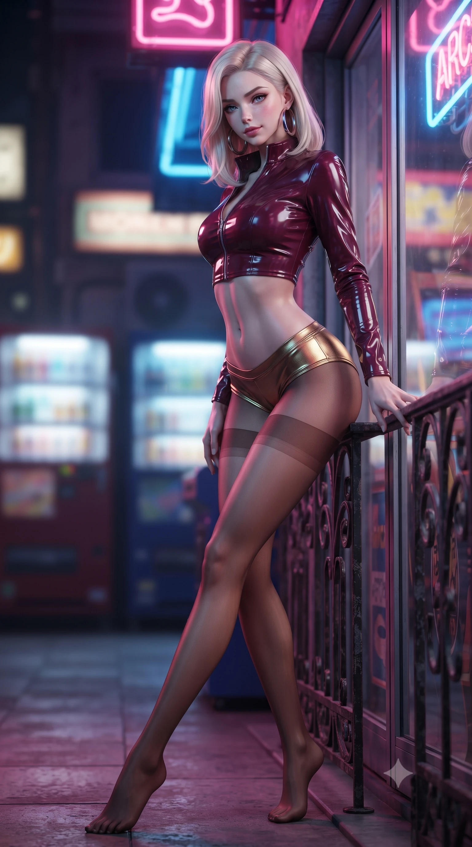 score_9, masterpiece, best quality, ultra-detailed, high-budget anime keyframe, editorial fashion photography, tasteful artistic composition, Caucasian woman. low angle full-body shot from head to toe showing her feet, filling the entire 9:16 vertical frame with her statuesque presence, stretching her vertical silhouette. leaning deep against the balcony balustrade with hips cocked back in an unapologetically alluring high-fashion stance, casting an intoxicating glance while leaning against the glowing glass storefront of a retro arcade, arching her lower back to accentuate her curvy hips with playful seduction. The background shows a soft-focus vending machine glows softened in nostalgic retro city shallow focus. She has an absolutely perfect, statuesque 8.5-heads proportion, an exceptionally tall and slender model-like female figure with impossibly long slender legs, an ultra-slim waist, a flat toned midriff, narrow delicate ribcage, and beautifully sculpted feminine hips creating a graceful, slim hourglass silhouette without any bulky heaviness. sharp v-shaped jawline, high-bridge nose, sparkling eyes with hypnotic seductive depth, thick curled eyelashes, glossy parted lips with a natural dewy peach sheen, alluring bedroom-eyes with an enchanting coquettish smile, exuding magnetic siren charisma and sophisticated glamour, flawlessly proportioned anatomical accuracy, strict slender model proportions, natural body alignment, perfectly sculpted long slender limbs, ultra-slim waistline, clean dynamic posture without body distortion. wearing a form-fitting zip-front wet-look vinyl bolero jacket paired with low-rise metallic hot-pants and sheer stockings in smoky bordeaux wine and gilded bronze, made of semi-opaque stretch illusion mesh with soft shadowy contours, accented with oversized polished chrome hoop earrings catching the ambient neon glow, the second-skin tailored fabric adhering flawlessly to her sculpted flat midriff and slender torso, emphasizing her long leg lines and perfectly proportioned willowy build. bathed in saturated neon pink and cobalt blue light spilling horizontally from arcade marquees. ultra-reflective glossy finish, specular highlights, rich textural contrasts, high-contrast stereoscopic depth, volumetric dynamic lighting, 2k, ultra detail, master piece, 9:16 ratio