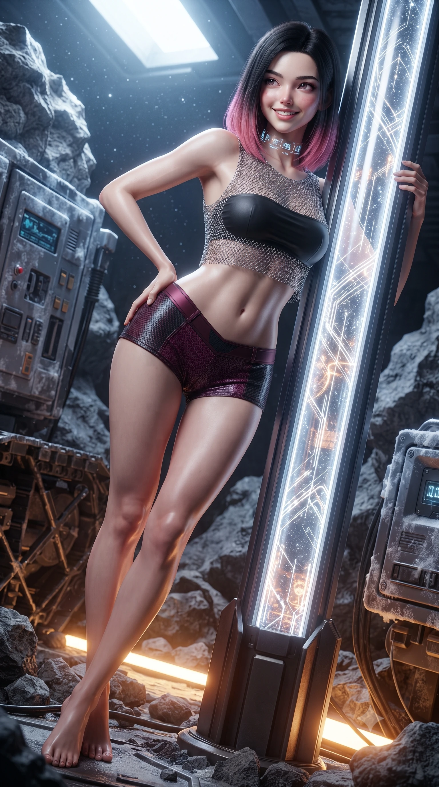score_9, masterpiece, best quality, ultra-detailed, high-budget anime keyframe, editorial fashion photography, tasteful artistic composition, Korean woman. low angle full-body shot from head to toe showing her feet, filling the entire 9:16 vertical frame with her statuesque presence, stretching her vertical silhouette. leaning deep against the glowing energy conduit with hips cocked back in an unapologetically alluring high-fashion stance, flashing a warm beaming smile while leaning against the titanium crawler track with hips cocked back, looking over her shoulder with an enchanting, fearless smile. The surrounding environment is rendered in vivid detail and crisp panoramic clarity: sharp lunar rock textures, titanium tread track pins, and frost rime on equipment panels in deep focus. She has an absolutely perfect, statuesque 8.5-heads proportion, an exceptionally tall and slender model-like female figure with impossibly long slender legs, an ultra-slim waist, a flat toned midriff, narrow delicate ribcage, and beautifully sculpted feminine hips creating a graceful, slim hourglass silhouette without any bulky heaviness. sharp v-shaped jawline, high-bridge nose, intricate jewel-like sparkling eyes with depth, thick eyelashes, glossy parted lips with a natural sheen, bright confident smile with an enchanting and coquettish sensual glint, exuding both youthful magnetic charm and sovereign high-tech allure, flawlessly proportioned anatomical accuracy, strict slender model proportions, natural body alignment, perfectly sculpted long slender limbs, ultra-slim waistline, clean dynamic posture without body distortion. wearing a delicate silver chainmail mesh crop top layered over a sculpted matte black bandeau with low-rise combat shorts in deep wine crimson and dark carbon weave, woven from delicate semi-opaque high-tensile nano-mesh with intricate hexagonal micro-patterns, complemented by a high-tech holographic choker projecting miniature glyphs, the form-contouring cut accentuating her sculpted flat midriff, narrow delicate ribcage, and gracefully curvy hips with cybernetic supermodel precision. bathed in brilliant cold silver starlight from above and warm industrial sodium work-lights from below. ultra-reflective glossy finish, specular highlights, rich textural contrasts, high-contrast stereoscopic depth, volumetric dynamic lighting, 2k, ultra detail, master piece, 9:16 ratio