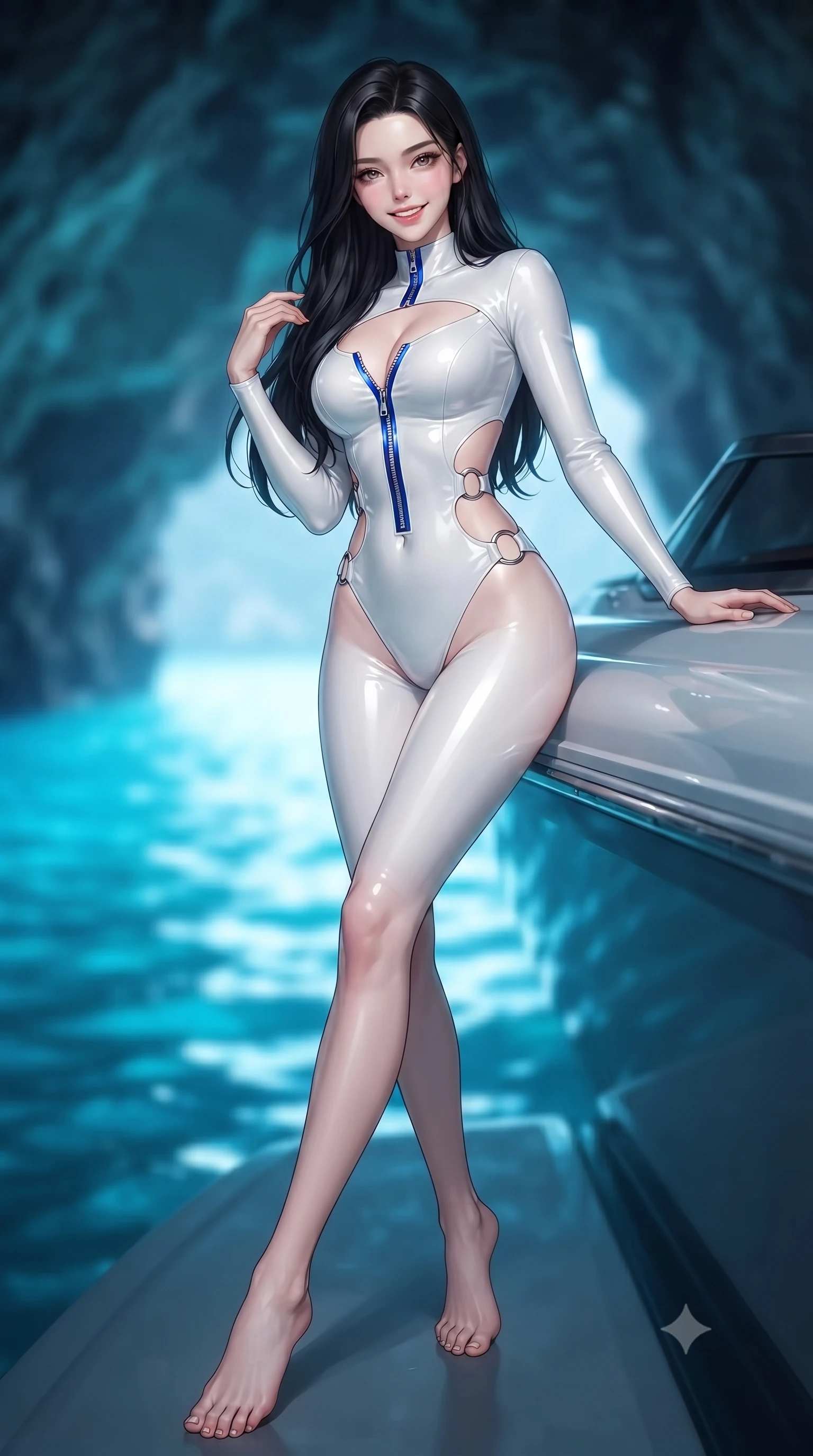 score_9, masterpiece, best quality, ultra-detailed, high-budget anime keyframe, editorial fashion photography, tasteful artistic composition, Korean woman. low angle full-body shot from head to toe showing her feet, filling the entire 9:16 vertical frame with her statuesque presence, stretching her vertical silhouette. pivoting dynamically in mid-motion with a breathtakingly alluring posture, displaying her flawless model proportions and ultra-slim waist while resting her elbows on the boat hull with an alluring, bedroom-eyed smile looking directly into the camera. The composition keeps background elements in soft focus with creamy bokeh. electric cyan-blue water caustics and dark cavern rock formations blurred into dreamy, glowing azure bokeh. She has an absolutely perfect, statuesque 8.5-heads proportion, an exceptionally tall and slender model-like female figure with impossibly long slender legs, a toned flat midriff, and an ultra-slim waist. sharp v-shaped jawline, high-bridge nose, intricate jewel-like eyes with depth, thick eyelashes, glossy lips with a natural sheen, flawlessly proportioned anatomical accuracy, strict slender model proportions, natural body alignment, perfectly sculpted long slender limbs, ultra-slim waistline, clean dynamic posture without body distortion. wearing a glossy white second-skin latex bodysuit with high-thigh cuts, exposed clavicle neckline, and gleaming zipper details in liquid electric cobalt blue and polished silver, formed from high-gloss patent material with specular light reflections, detailed with polished silver rings connecting the daring side-waist cutouts, the precision-cut daring openings accentuating her delicate midriff, graceful bare collarbones, and ultra-slim feminine waistline. surrounded by a mystical, enchanting, and breathtakingly sensual Mediterranean mermaid-goddess aura. ultra-reflective glossy finish, specular highlights, metallic sheen, high-contrast stereoscopic depth, volumetric dynamic lighting, 2k, ultra detail, master piece, 9:16 ratio