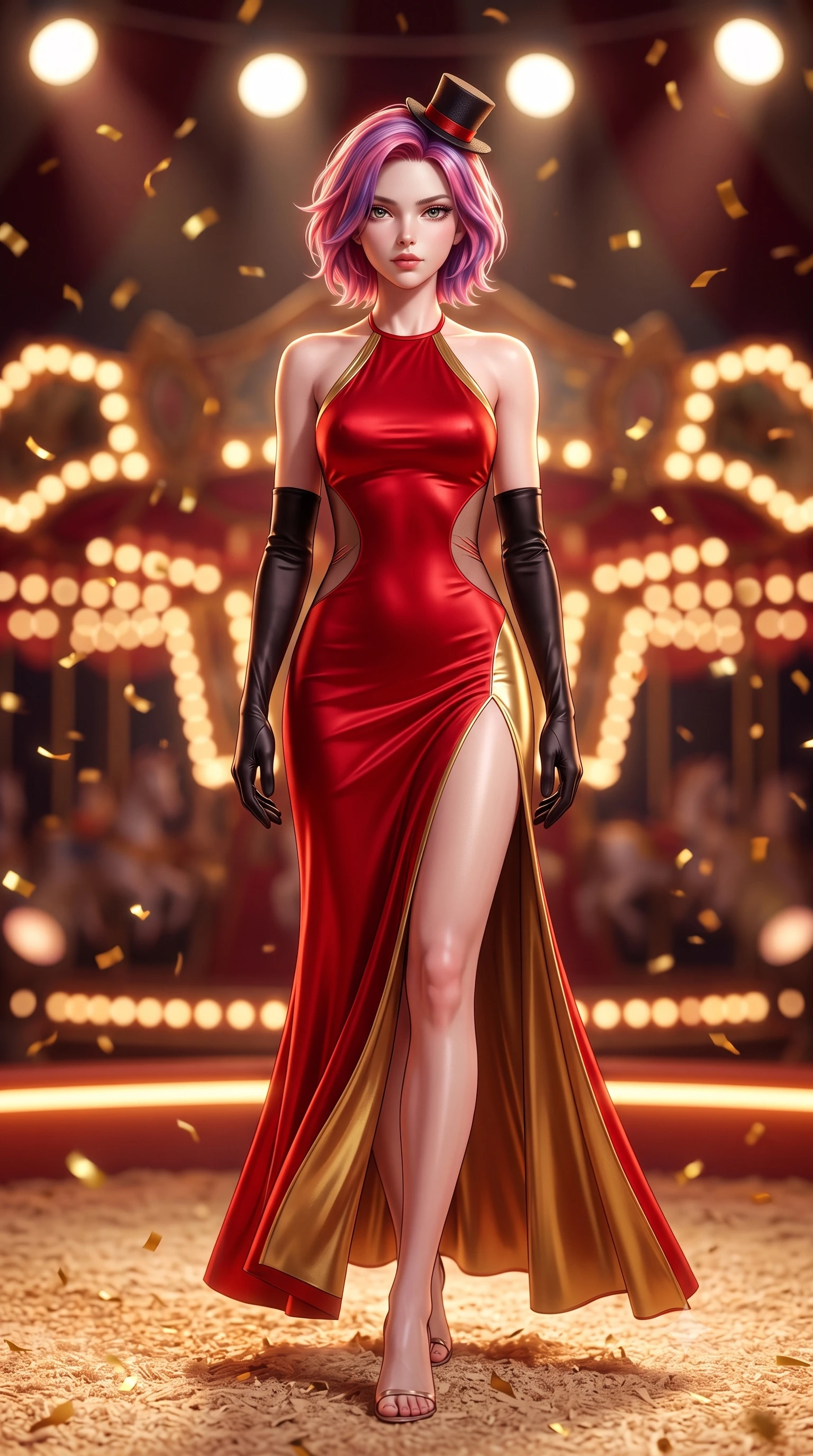 score_9, masterpiece, best quality, ultra-detailed, high-budget anime keyframe, semi-realistic 3D game render, editorial fashion photography, tasteful artistic composition, Caucasian woman. low angle full-body shot from head to toe showing her feet, filling the entire 9:16 vertical frame with her statuesque presence, stretching her vertical silhouette. striding forward in a proud supermodel runway stride, hips swaying in an alluring kinetic rhythm that accentuates her curvy hourglass silhouette while pivoting dynamically on the sawdust arena floor, her tailored garments fluttering to accentuate her statuesque hips and long slender legs. The composition keeps background elements in soft focus with creamy bokeh. swirling gold confetti and carousel bulb light strings blurred into rich amber, ruby-red, and champagne bokeh. She has an absolutely perfect, statuesque 8.5-heads proportion, an exceptionally tall and slender model-like female figure with impossibly long slender legs, a toned flat midriff, an ultra-slim waist, and beautifully sculpted feminine hips. sharp v-shaped jawline, high-bridge nose, intricate jewel-like eyes with depth, thick eyelashes, glossy parted lips with a natural sheen, intensely captivating and seductive bedroom-eyes expression, flawlessly proportioned anatomical accuracy, strict slender model proportions, natural body alignment, perfectly sculpted long slender limbs, ultra-slim waistline, clean dynamic posture without body distortion. wearing a liquid silk jersey halter gown with an open scooped back descending to her waist and high hip slit in blazing scarlet red and polished brass, made of stretchy athletic knit with sheer mesh cutout inserts, accessorized with opera-length satin gloves and a miniature top-hat fascinator, the liquid-tight tailored fabric clinging flawlessly to her narrow waist and rounded feminine hips, emphasizing every millimeter of her sculpted hourglass curves during movement. bathed in dramatic overhead circular spotlight beams and warm golden carousel perimeter glow. highly saturated vibrant anime colors, detailed shading with soft gradients, rich glossy textures, high-contrast stereoscopic depth, volumetric dynamic lighting, master piece, 9:16 ratio