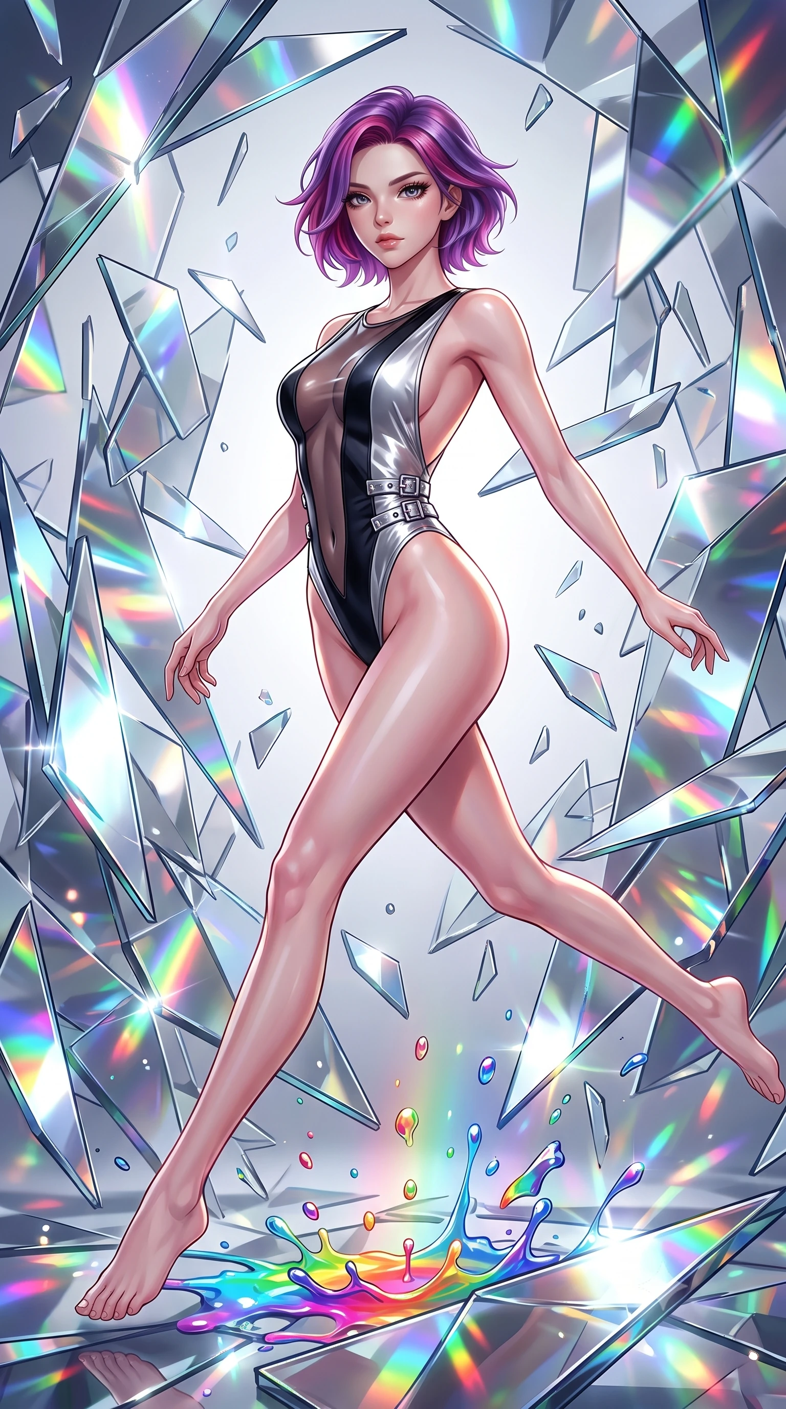 score_9, masterpiece, best quality, ultra-detailed, high-budget anime keyframe, editorial fashion photography, tasteful artistic composition, Caucasian woman. low angle full-body shot from head to toe showing her feet, filling the entire 9:16 vertical frame with her statuesque presence, stretching her vertical silhouette. leaping gracefully through the environment with statuesque elegance and long slender legs surrounded by rotating shattered mirror sculptures reflecting bright acrylic colors, vibrant paint droplets frozen in time casting specular highlights. She has an absolutely perfect, statuesque 8.5-heads proportion, an exceptionally tall and slender model-like female figure with impossibly long slender legs and an ultra-slim waist. sharp v-shaped jawline, high-bridge nose, intricate jewel-like eyes with depth, thick eyelashes, glossy lips with a natural sheen. wearing a high-cut translucent vinyl leotard with front paneling and open back in matte black and polished silver, crafted from smooth liquid silk, detailed with polished silver buckles along the waistline, the elegant draped fit framing her graceful clavicle and slender torso. illuminated by brilliant multi-color rainbow light refracting through glass. highly saturated vibrant anime colors, detailed shading with soft gradients, rich glossy textures, high-contrast stereoscopic depth, volumetric dynamic lighting, master piece, 9:16 ratio