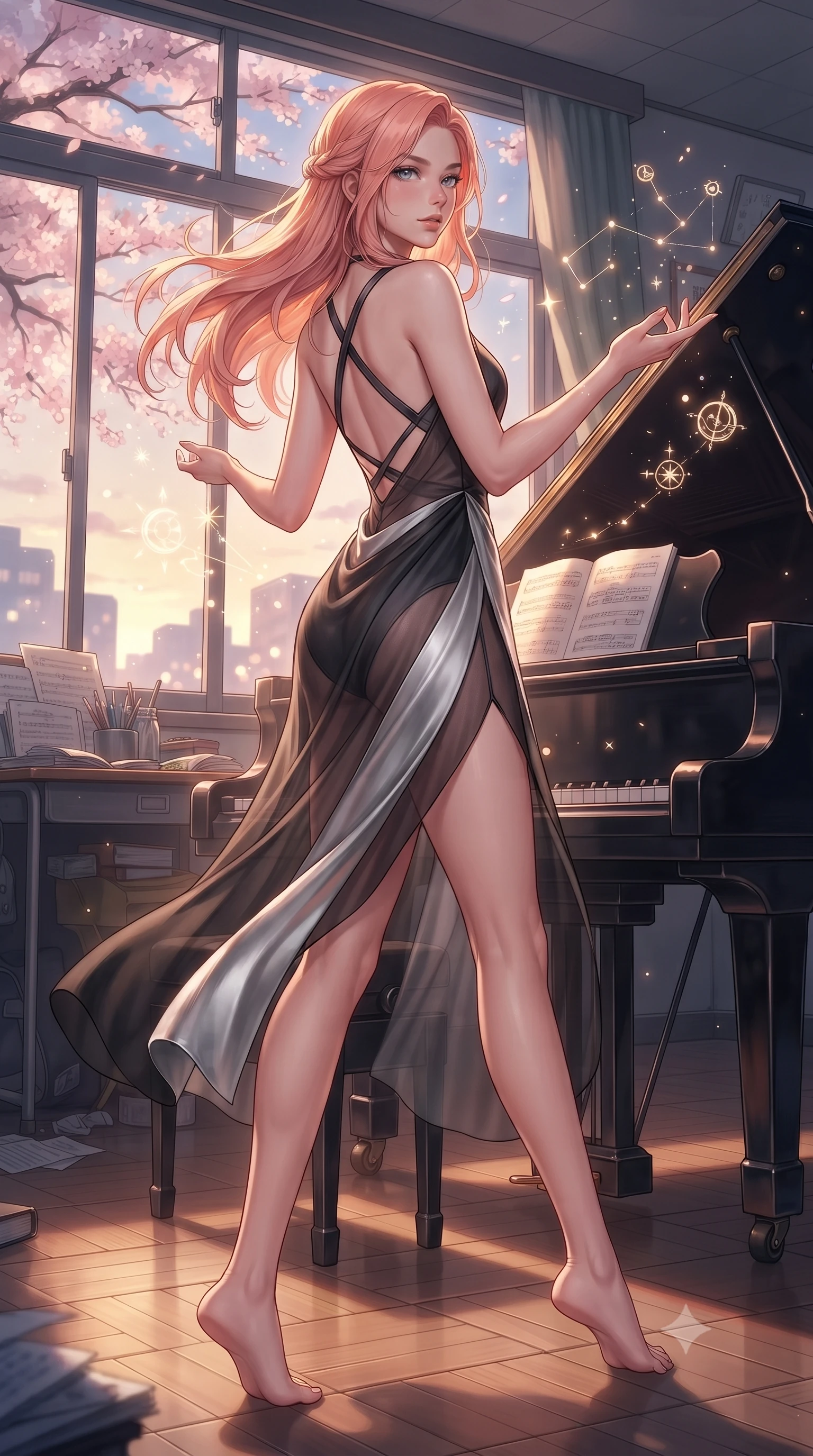 score_9, masterpiece, best quality, ultra-detailed, high-budget anime keyframe, editorial fashion photography, tasteful artistic composition, Japanese woman. low angle full-body shot from head to toe showing her feet, filling the entire 9:16 vertical frame with her statuesque presence, stretching her vertical silhouette. interacting gracefully with the magical floating elements while maintaining a confident posture poised beside an antique grand piano in an empty music classroom at dusk, soft evening breeze swaying her long hair gracefully against the skyline. She has an absolutely perfect, statuesque 8.5-heads proportion, an exceptionally tall and slender model-like female figure with impossibly long slender legs and an ultra-slim waist. sharp v-shaped jawline, high-bridge nose, intricate jewel-like eyes with depth, thick eyelashes, glossy lips with a natural sheen. wearing a semi-opaque sheer overlay dress over a leather micro-bodysuit in matte black and polished silver, crafted from lustrous satin jersey with fluid draping, complemented by criss-cross back straps highlighting her bare shoulders, the sleek second-skin texture accentuating her magnetic presence. illuminated by soft glowing evening sunbeams filtering through sakura branches. highly saturated vibrant anime colors, detailed shading with soft gradients, rich glossy textures, high-contrast stereoscopic depth, volumetric dynamic lighting, master piece, 9:16 ratio